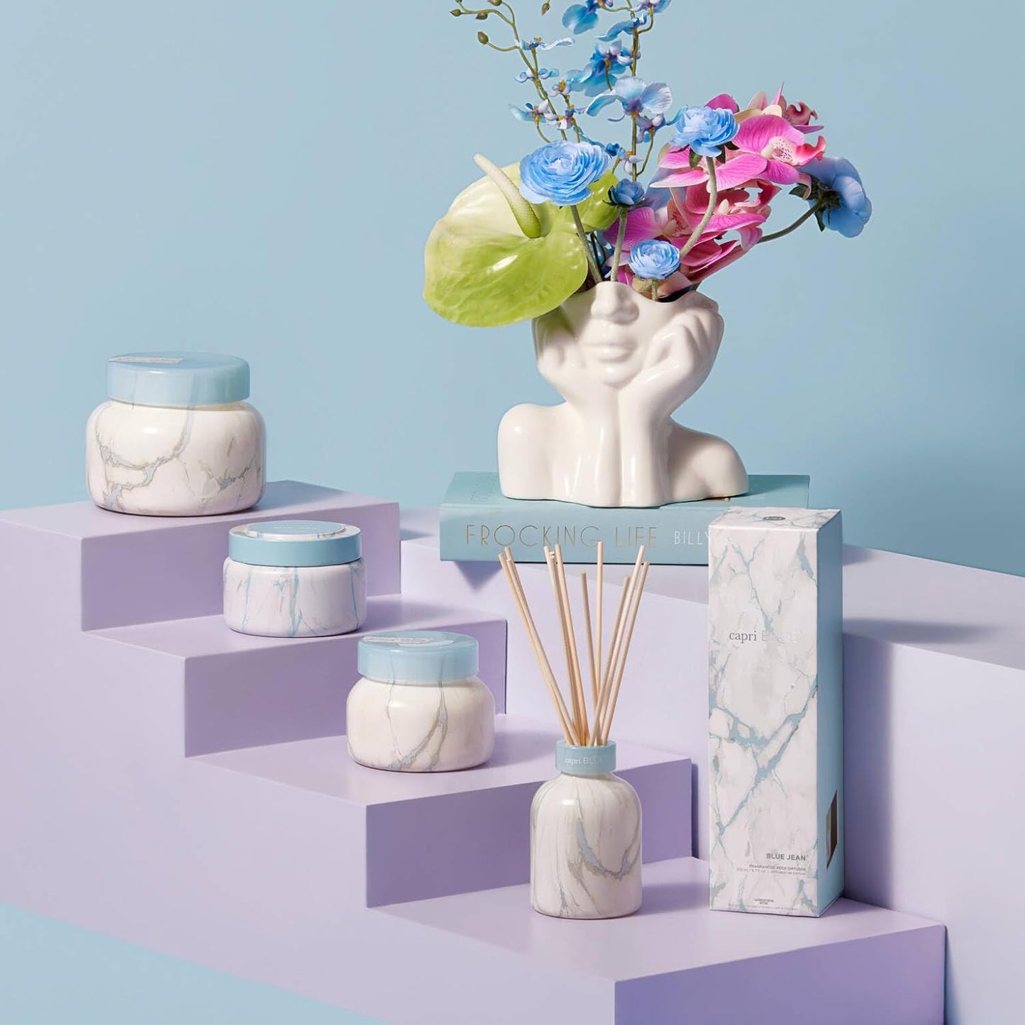 Capri Blue Reed Diffuser Set - Modern Marble Oil Diffuser, Sticks & Aroma Oil - Air Freshener for Home Decor - Blue Jean Scents (5.7 fl oz)
