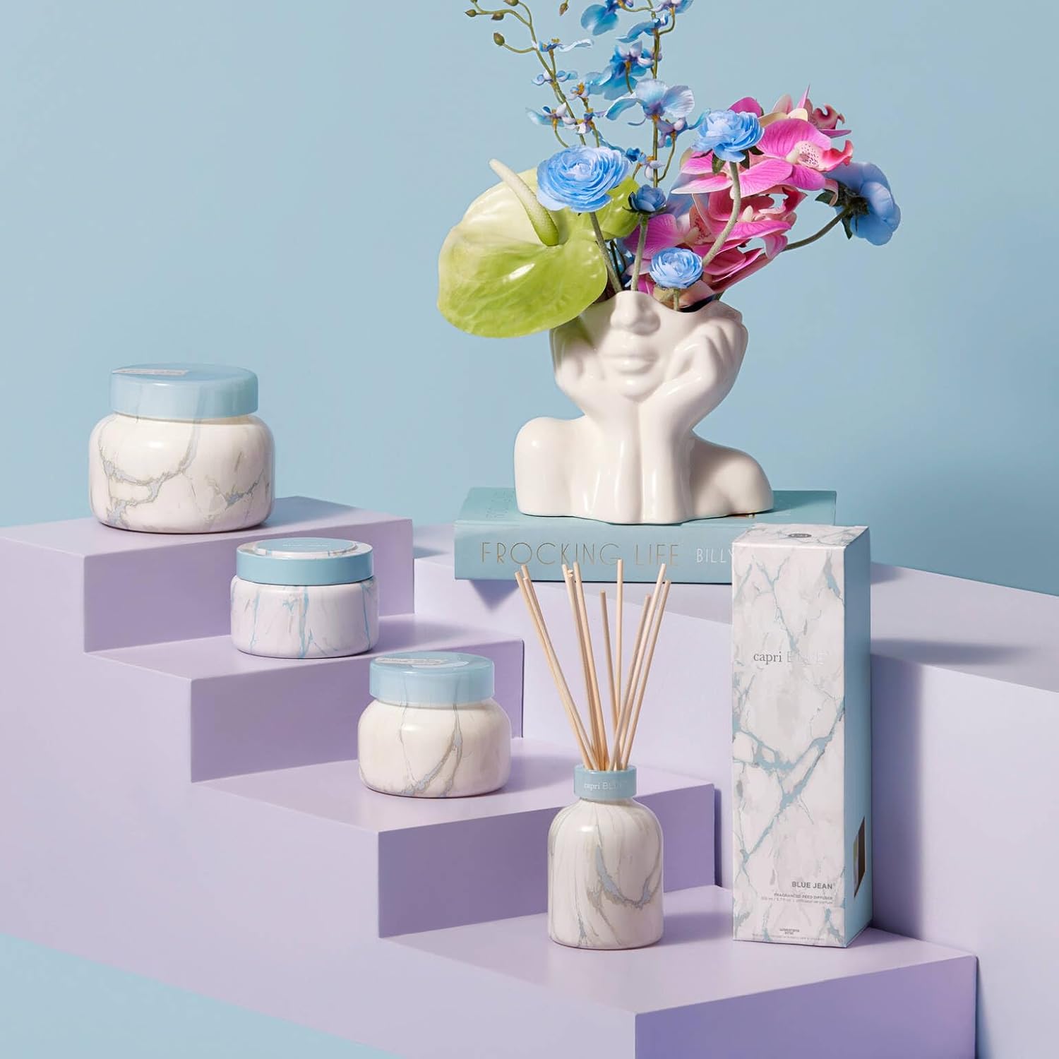 Capri Blue Reed Diffuser Set - Modern Marble Oil Diffuser, Sticks & Aroma Oil - Air Freshener for Home Decor - Blue Jean Scents (5.7 fl oz)