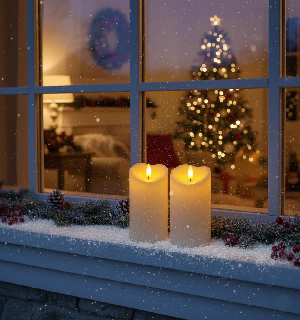 Homemory 6"x3" Outdoor Waterproof Flameless Candles, LED Candles, Battery Operated Candles with Remote and Timers, Electric Fake Plastic Pillar Candles, Ivory White, Set of 2