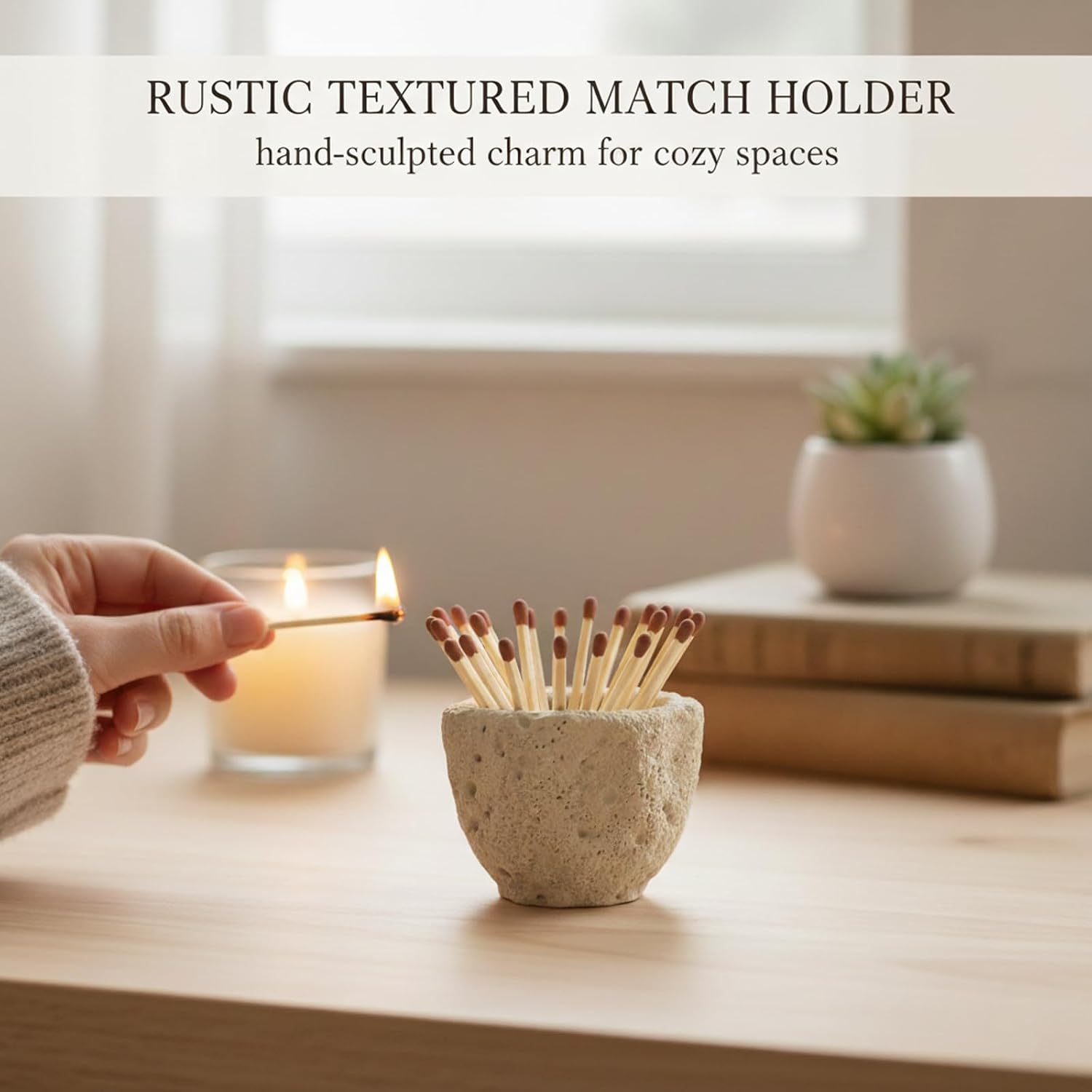 Modern Concrete Match Holder with Striker — Includes Three Striker Pads, a Decorative Match jar for Candles & Fireplace, Perfect for Matches in a jar with Striker Home Décor (Matches Not Included)