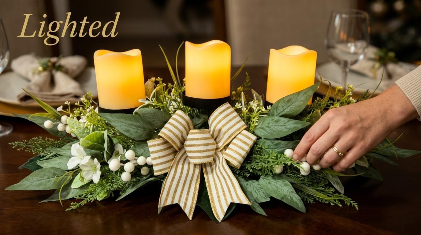 Svndlyn 26 Inch 3 Candle Holder Centerpiece with Greenery and Striped Bow | Faux Greenery, White Flowers, Berries and Eucalyptus Leaves for Table Mantel and Holiday Decor