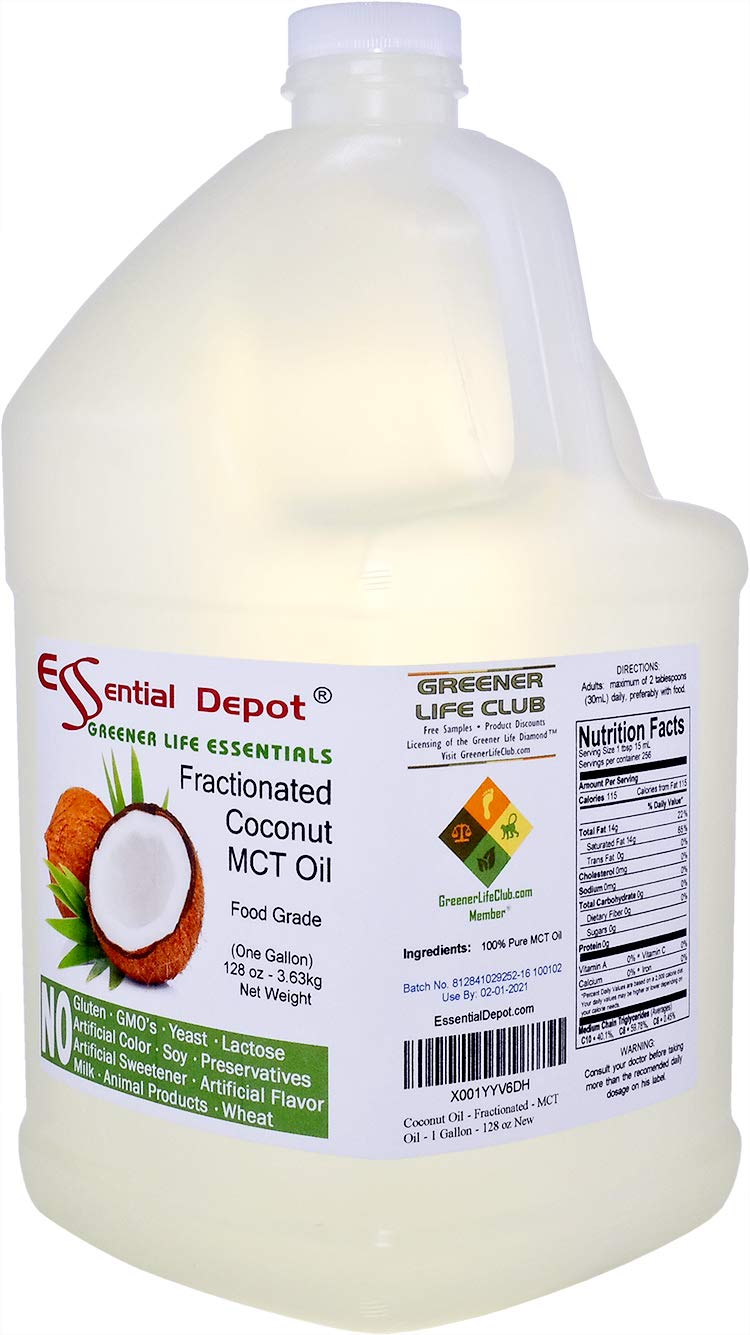 Coconut Oil - Fractionated - MCT (medium-chain triglycerides) - 1 Gallon (128 oz) - liquid - Food Grade - Safety Sealed Resealable HDPE Container, Microwave Safe (remove foil seal), Freezer Safe