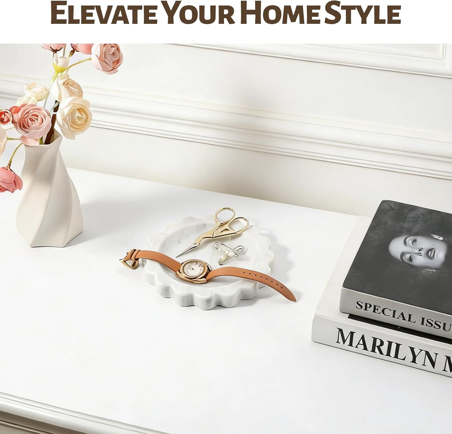 Koville 5.51" Scalloped Marble Tray, Round Stone Jewelry Trinket Dish for Ring, Natural Small Marble Tray for Bathroom Kitchen Dresser Countertop, Decorative Candle Tray(Bianco Carrara)
