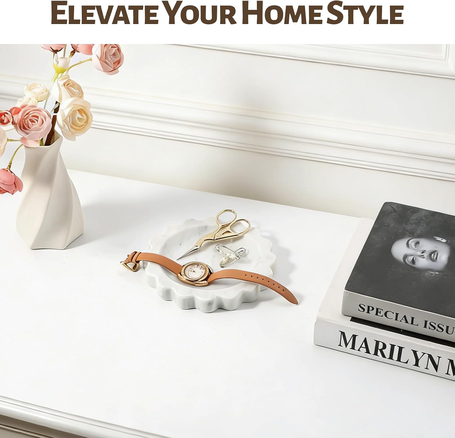 Koville 5.51" Scalloped Marble Tray, Round Stone Jewelry Trinket Dish for Ring, Natural Small Marble Tray for Bathroom Kitchen Dresser Countertop, Decorative Candle Tray(Bianco Carrara)