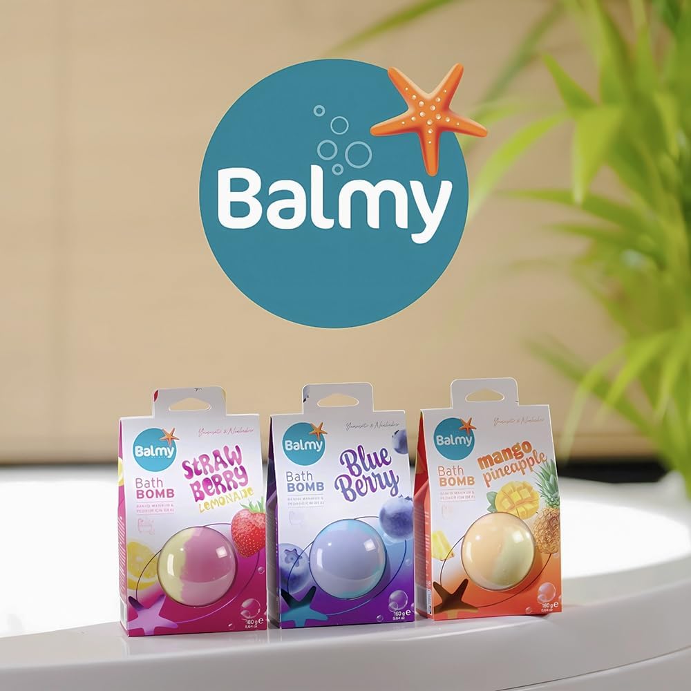 BALMY Blueberry Bath Bomb – Moisturizing Fizzy with Vitamin E & Glycerin, Fruity Scented, 5.6 oz