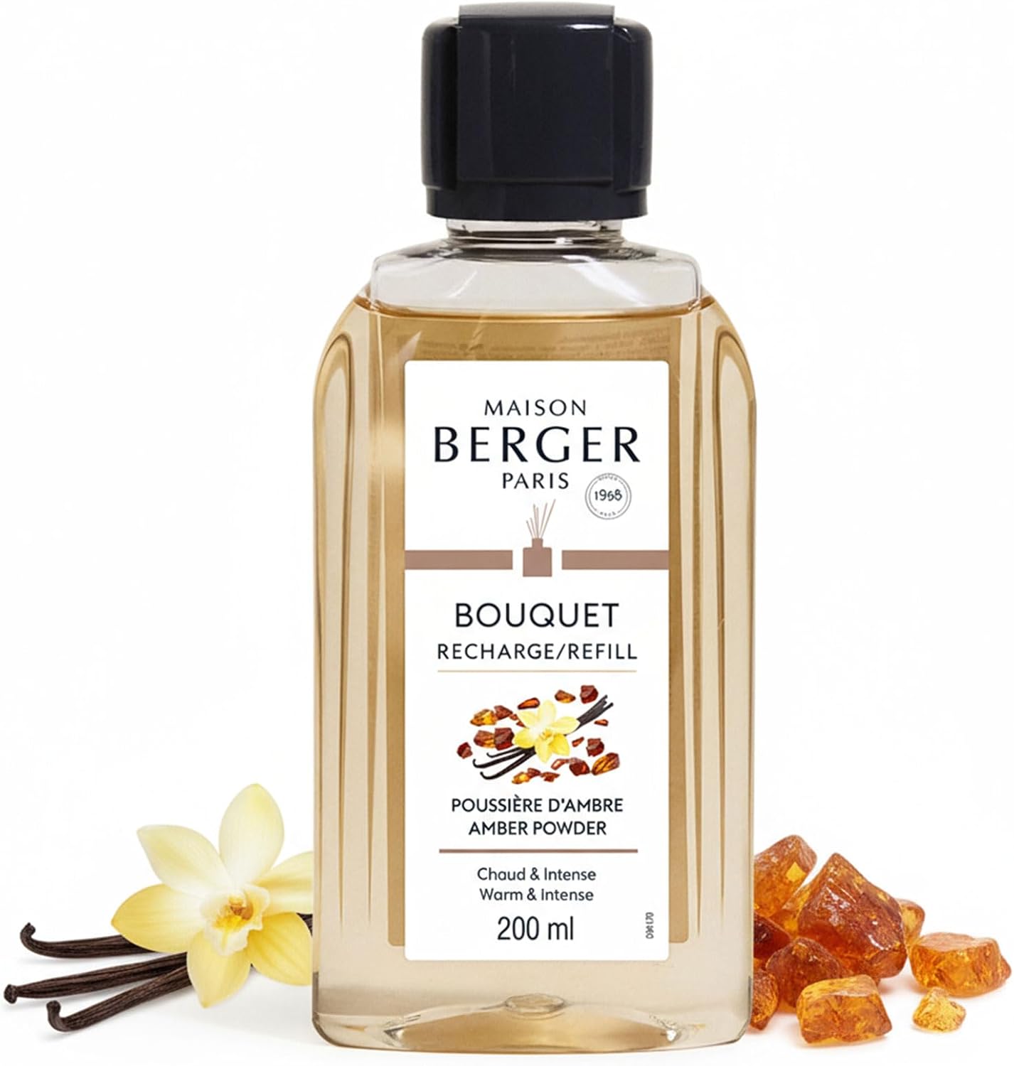 MAISON BERGER Reed Diffuser Refill, 200 ml, Amber Powder | Fragrance Refill for Reed and Ceramic Diffusers, Passive Diffusion, ~6 Weeks, No Flame or Electricity, Made in France