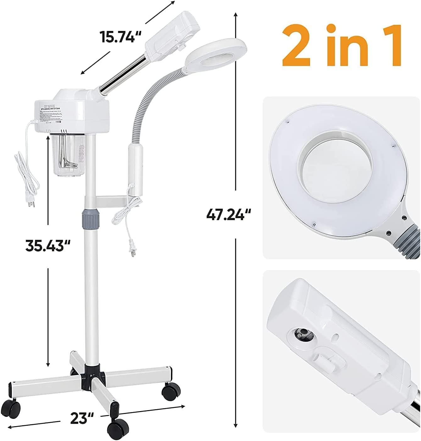 2 in 1 Facial Steamer Professional Nano Ionic Face Deep Cleansing Hydration with 5X Magnifying LED Lamp & Rolling Wheels, High Frequency, Portable Home Spa Salon Beauty Skin Care Equipment