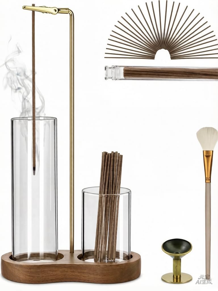Incense Holder, 3 in 1 for Sticks with Detachable Anti-Ash Flying Incense Burner with Glass Ash Catcher andSticks Organizer Handmade Wooden Tray for Meditation Yoga Room Decor Package