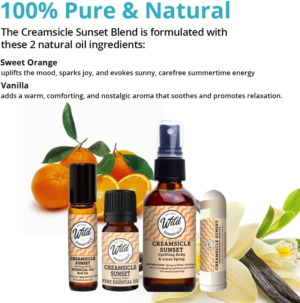 Wild Essentials Creamsicle Sunset 100% Pure Essential Oil Synergy Blend, 10ml, Therapeutic Grade, Use for Mood Boost, Motivation, Happiness, Optimism, Made and Bottled in The USA