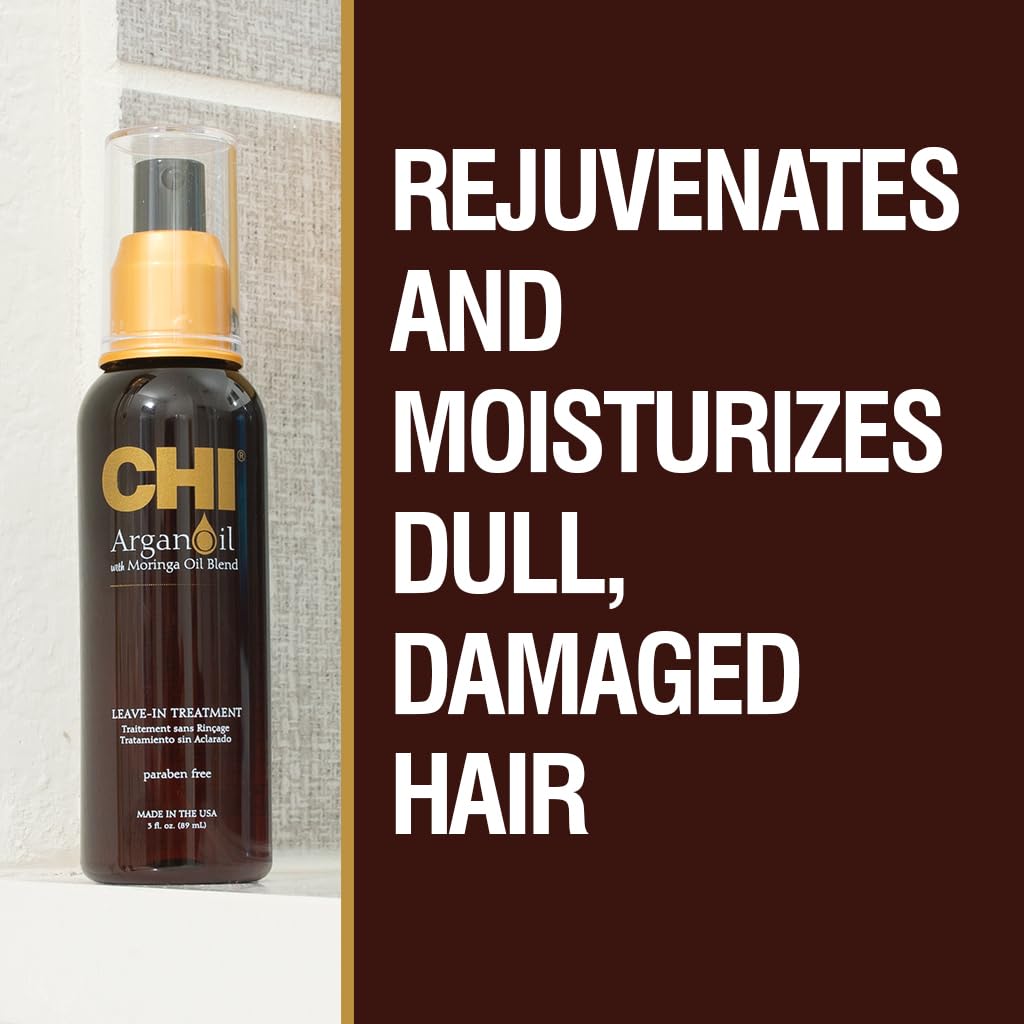 CHI Argan Oil Leave In Treatment, Argan Plus Moringa Oil, Lightweight Formula To Moisturize Dull & Damaged Hair, Sulfate & Paraben-Free, 3 Oz