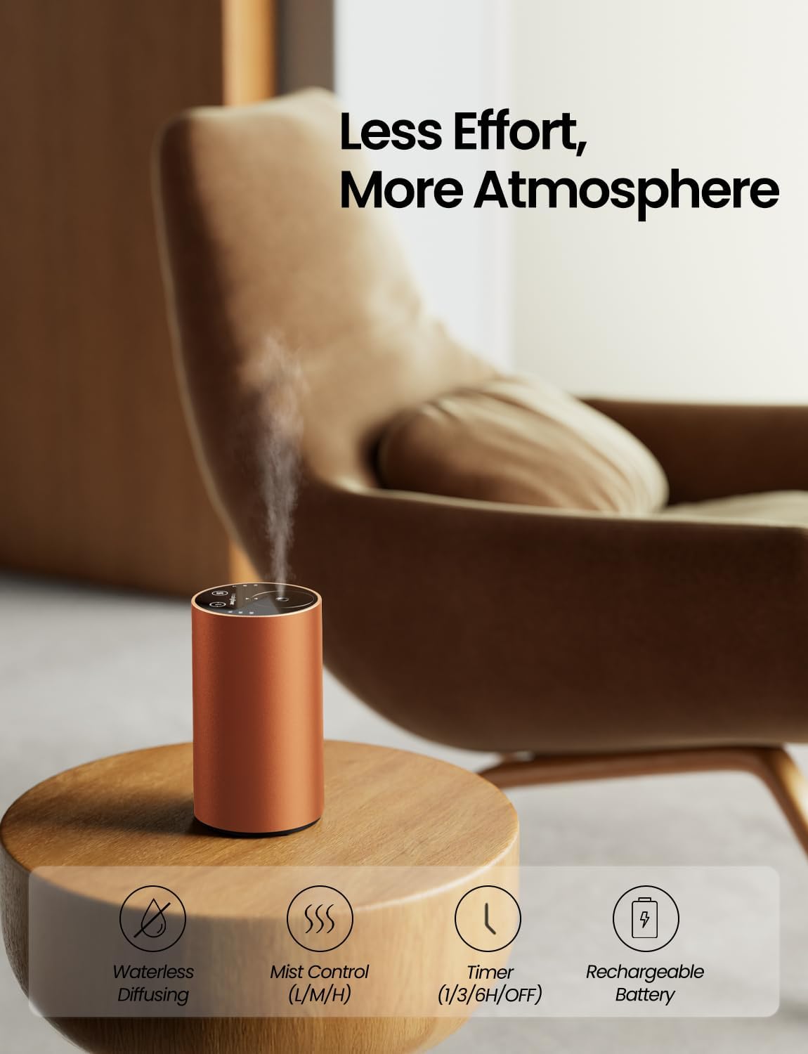 Waterless Essential Oil Diffuser, Rechargeable Scent Diffusers with 3 Mist Levels & Timers, Portable Aromatherapy Diffuser for Home Car Room Studio Office, Cosmic Orange