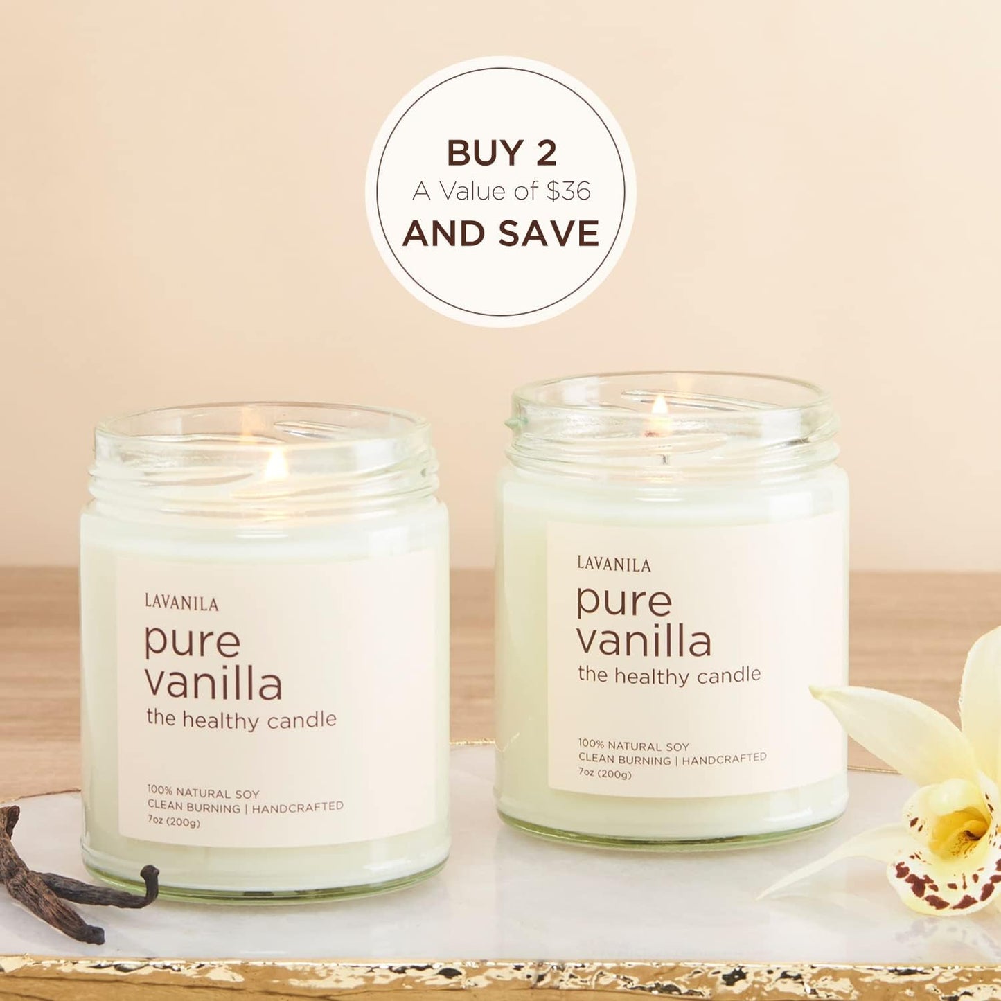 Lavanila Pure Vanilla Scented Natural Soy Candle (2-Pack) - Handcrafted, Clean Burning 50 Hour Burn Time, 7 oz Each
