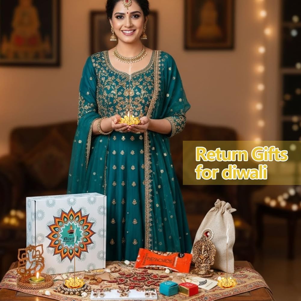 24 Set Diwali Gifts Bulk, Lotus Incense Holder, Indian Return Gifts for Pooja Bulk, Gold Lotus Incense Sticks Holder with Organza Bags & Thank You Cards, Indian Return Gift (24 Set)