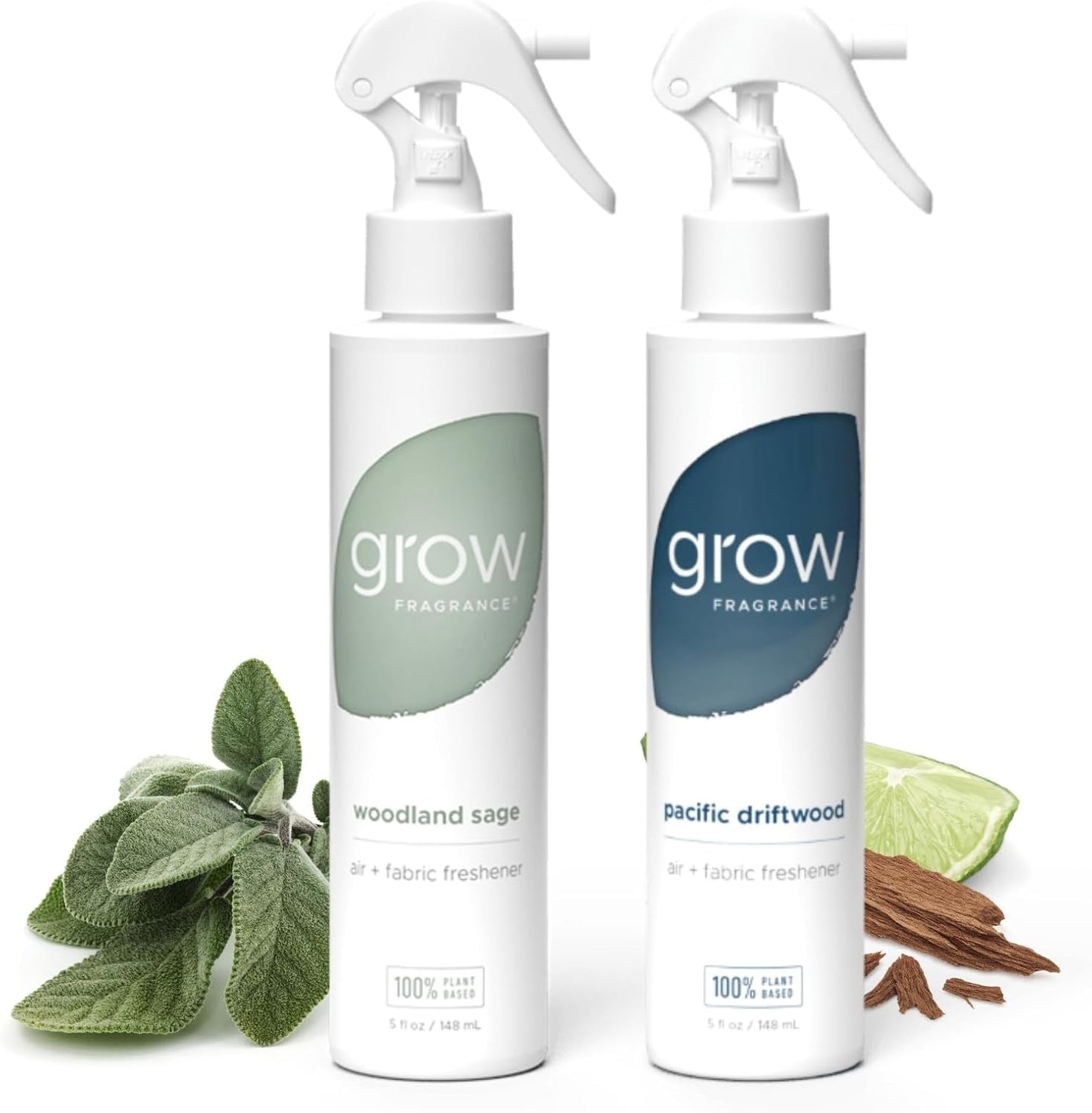 Grow Fragrance Certified Non Toxic, 100% Plant Based Fabric and Room Air Freshener Spray. Made with All Natural Essential Oils (Woodland Sage & Pacific Driftwood 2 pack) 2 x 5oz