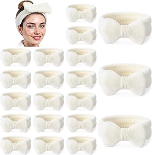 20 Pcs Spa Headband, Fluffy Bow Tie Headband for Washing Face & Makeup, Skincare Headbands for Women Non-slip Coral Fleece Headbands,Gifts for Women and Teen Girl Gifts Trendy Stuff (White)