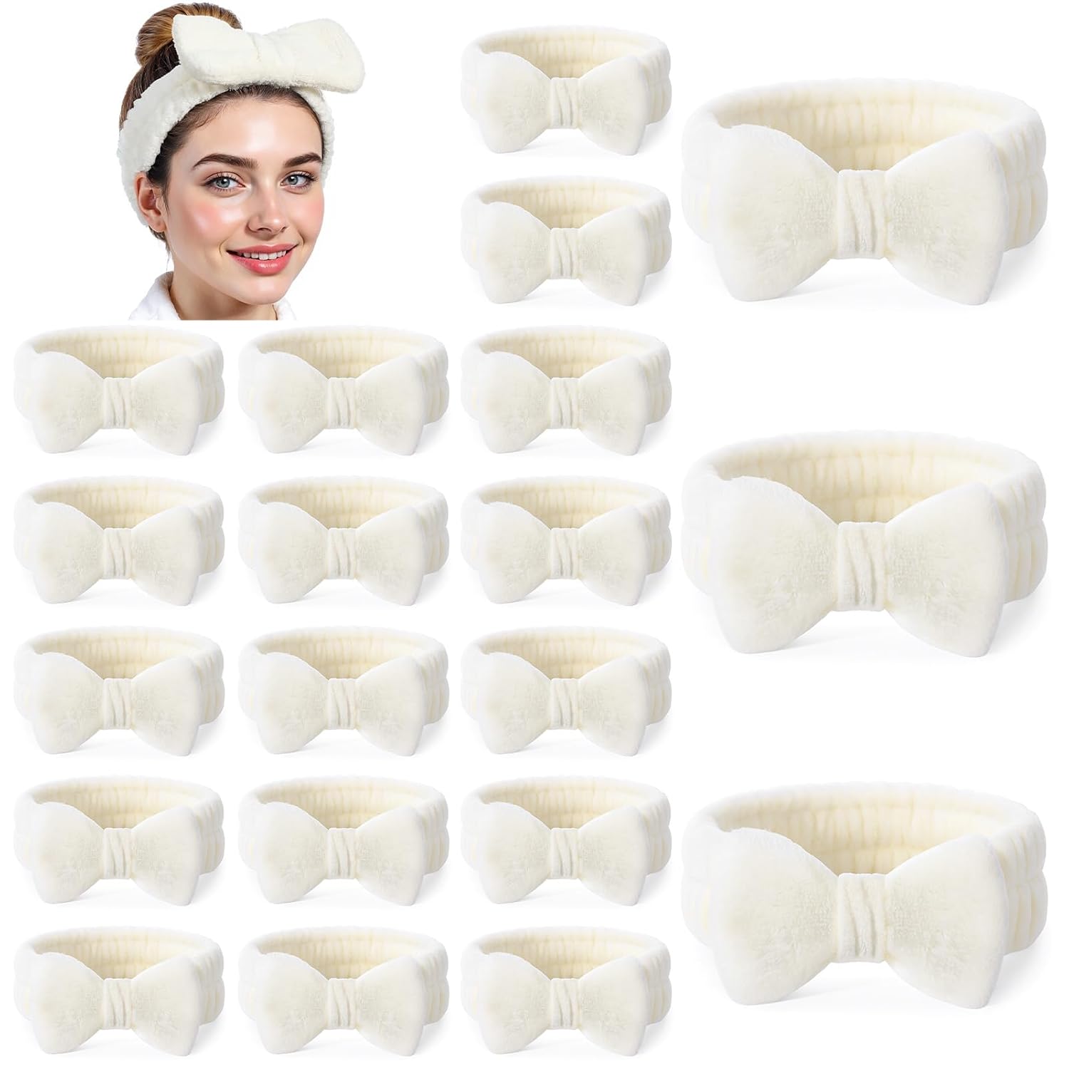 20 Pcs Spa Headband, Fluffy Bow Tie Headband for Washing Face & Makeup, Skincare Headbands for Women Non-slip Coral Fleece Headbands,Gifts for Women and Teen Girl Gifts Trendy Stuff (White)