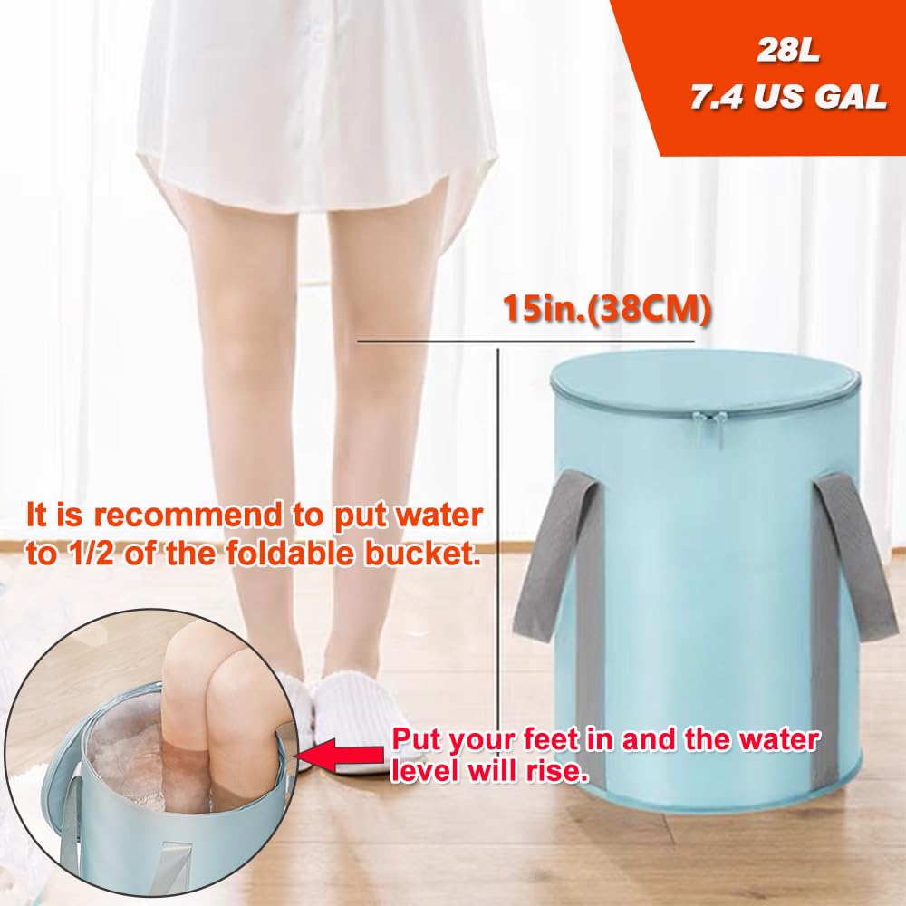 7.5 Gallon Insulated Collapsible Tub with Lid, Portable Space Saving Bucket for Foot Soak Laundry Outdoor Storage
