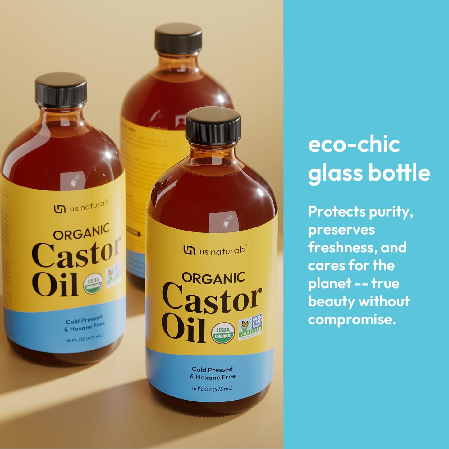Us Naturals 16oz Organic Castor Oil – Glass Bottle – USDA Certified Organic & Non-GMO – 100% Pure, Cold-pressed, Unrefined, Hexane-free – Premium Glow-Boosting Oil for Skin, Hair, Lashes, Nails & More