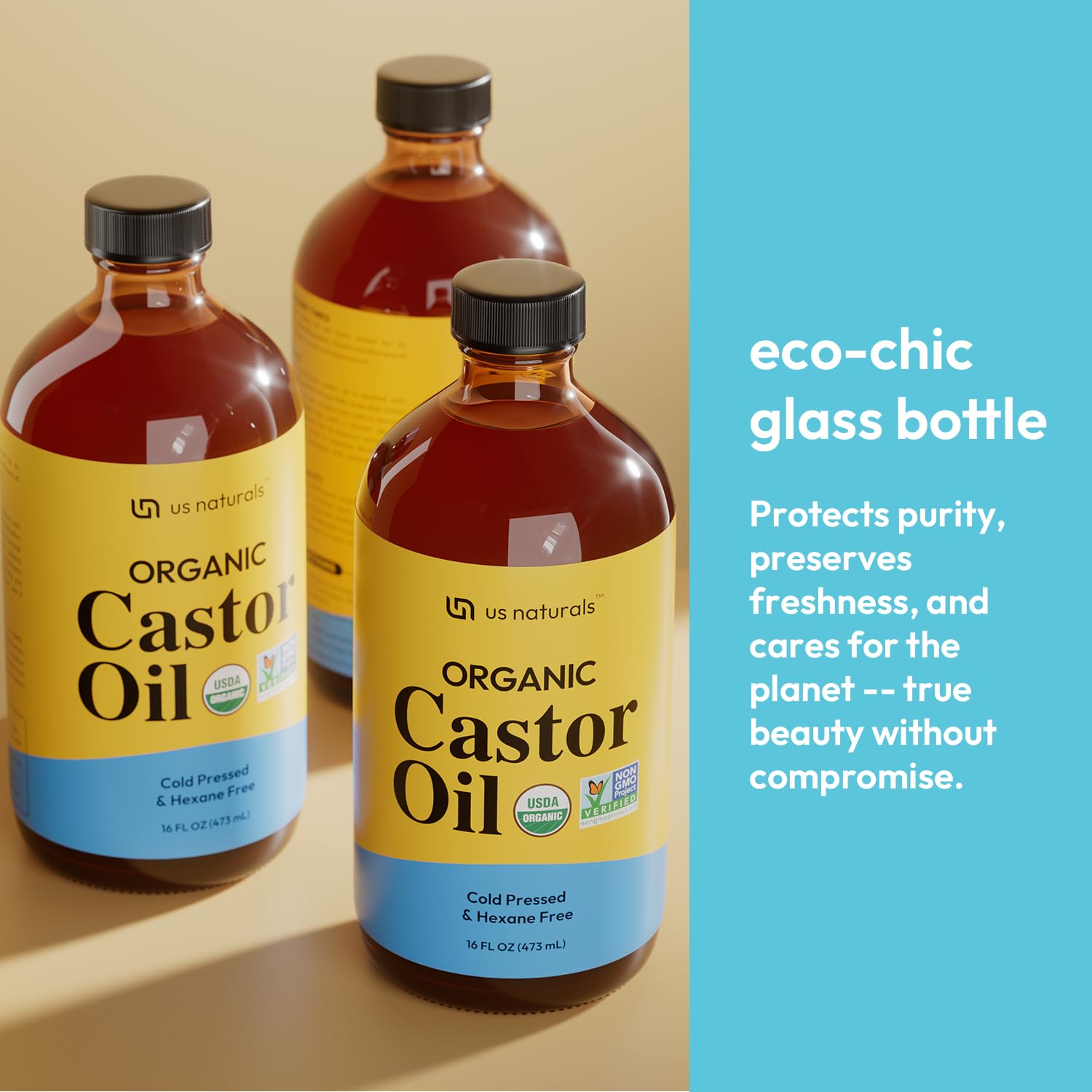 Us Naturals 16oz Organic Castor Oil – Glass Bottle – USDA Certified Organic & Non-GMO – 100% Pure, Cold-pressed, Unrefined, Hexane-free – Premium Glow-Boosting Oil for Skin, Hair, Lashes, Nails & More