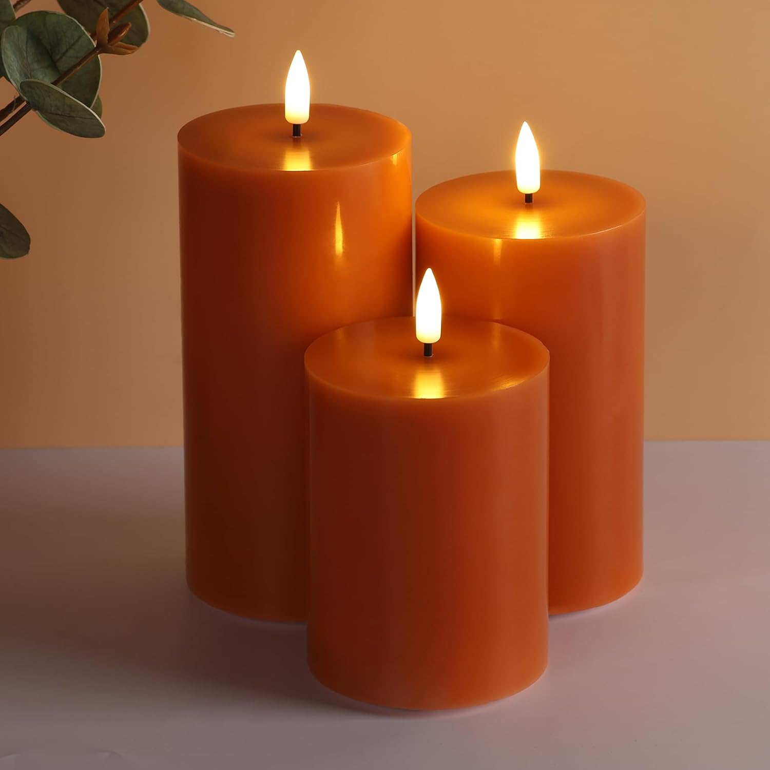 Burnt Orange Flameless Pillar Candles with Remote, Flickering LED Wax Candles Battery Operated Set of 3
