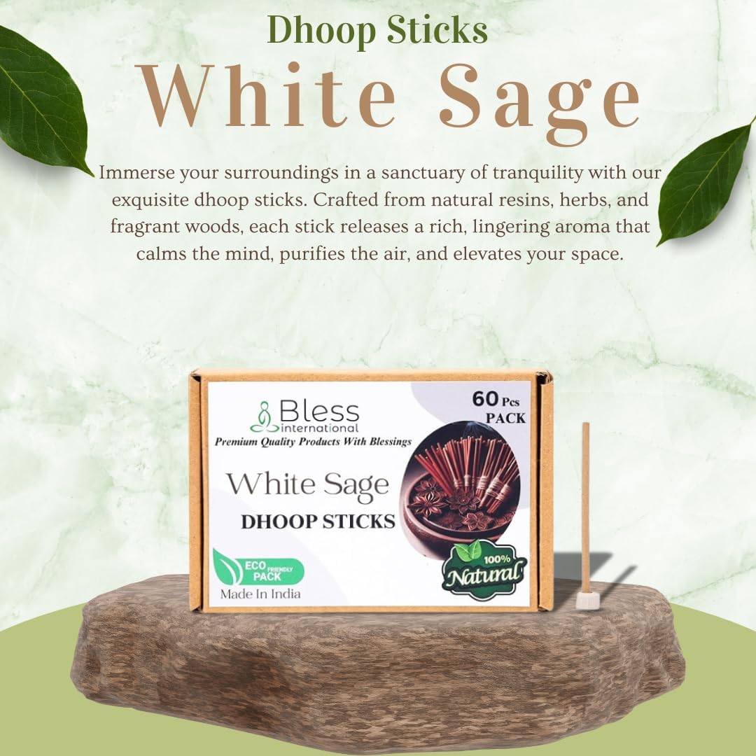 Bless-International White-Sage-100%-Natural-Incense-Bambooless-Dhoop-Sticks Handmade-Organic-Chemicals-Free for-Purification-Relaxation-Positivity-Yoga-Meditation The-Best-scents-4.5-Inches-60-Sticks