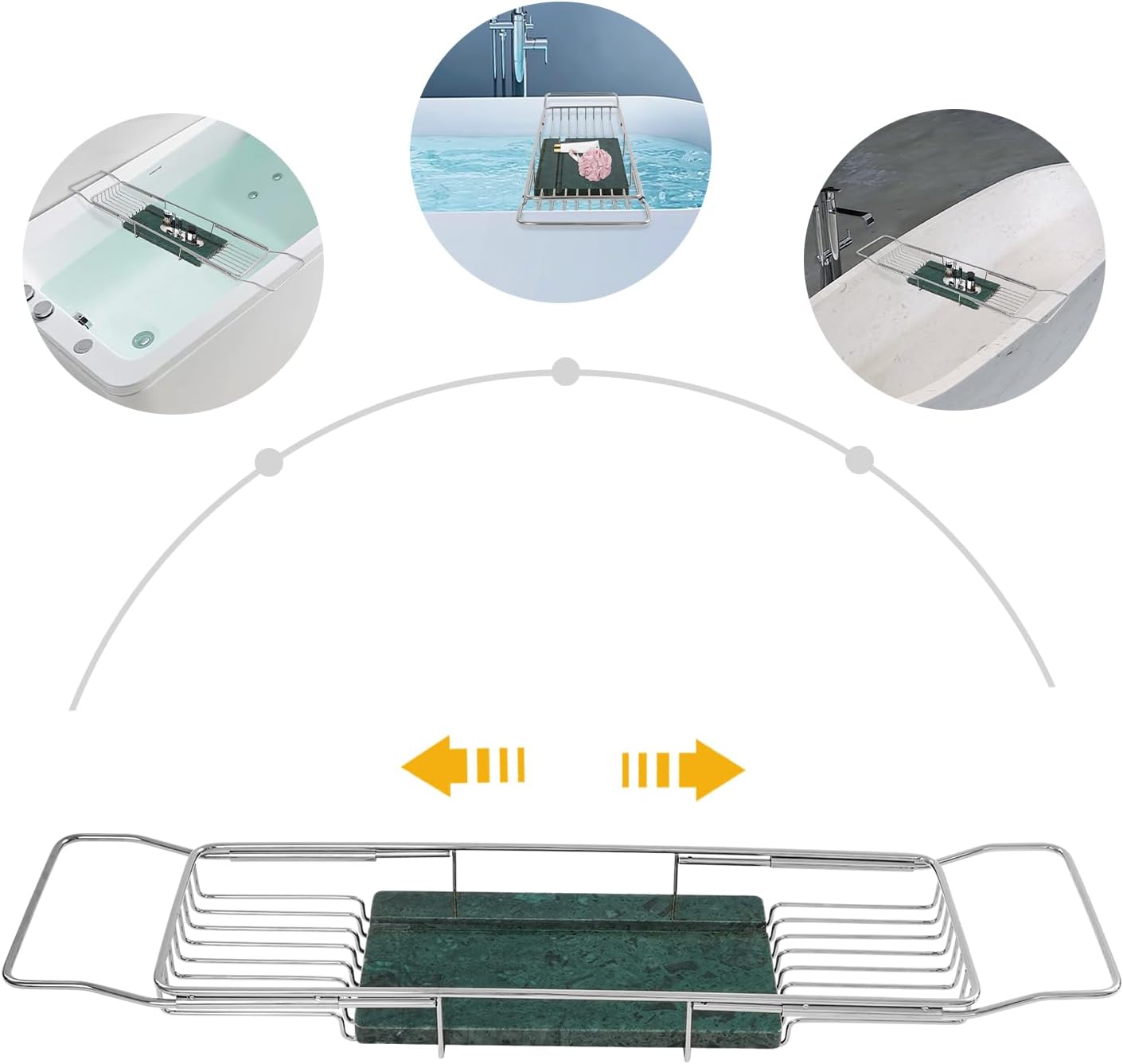 Bacocoo Bathtub Tray Caddy for Luxury Bath Expandable Extra Wide Bath Tub Tray with Natural Marble Tray and Mobile/Tablet Stand, Ideal for Home Spa Lovers. (Sliver+Green)