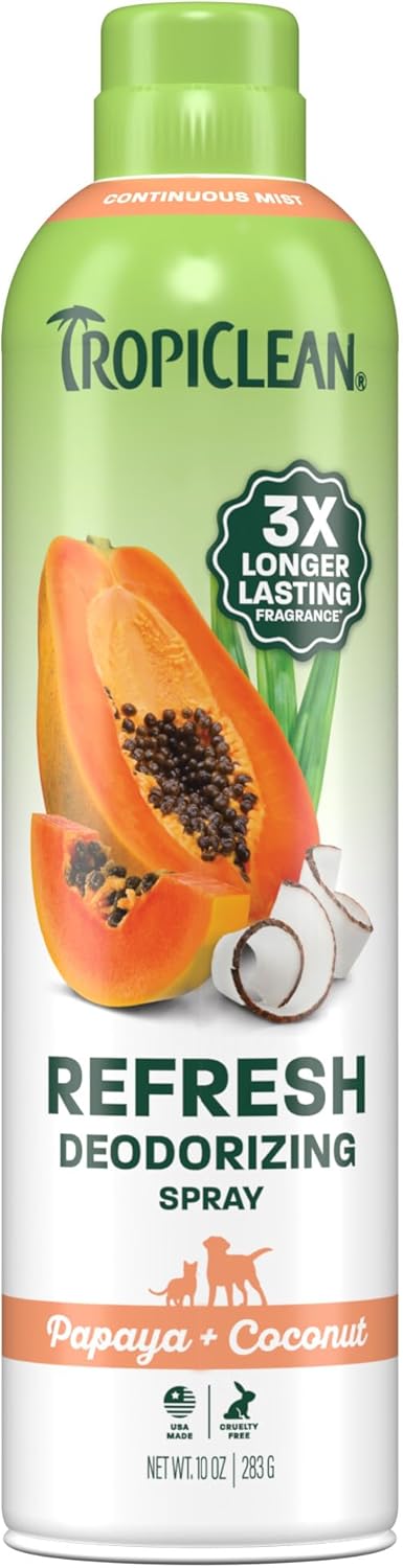 TropiClean Dog Perfume, Papaya Scented Dog Deodorizing Spray, 3X Long-Lasting Scent, After Bath Cologne & Detangling Spray with Vitamin E, 10oz.