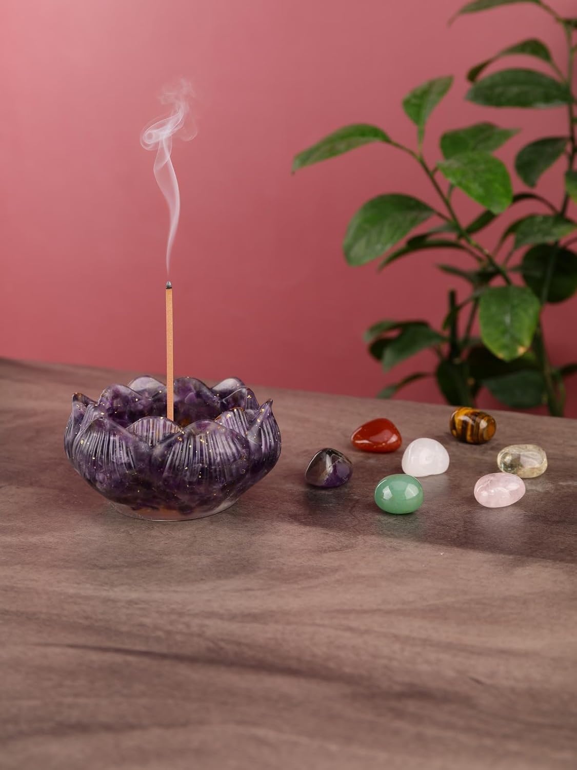 Jovivi Incense Holders Set,Amethyst Crystal Lotus Resin Burner, 2 Incense Holders, 7 Chakra Tumbled Stones, Mini Incense Sticks & Gift Box – Spiritual Meditation Home Decor