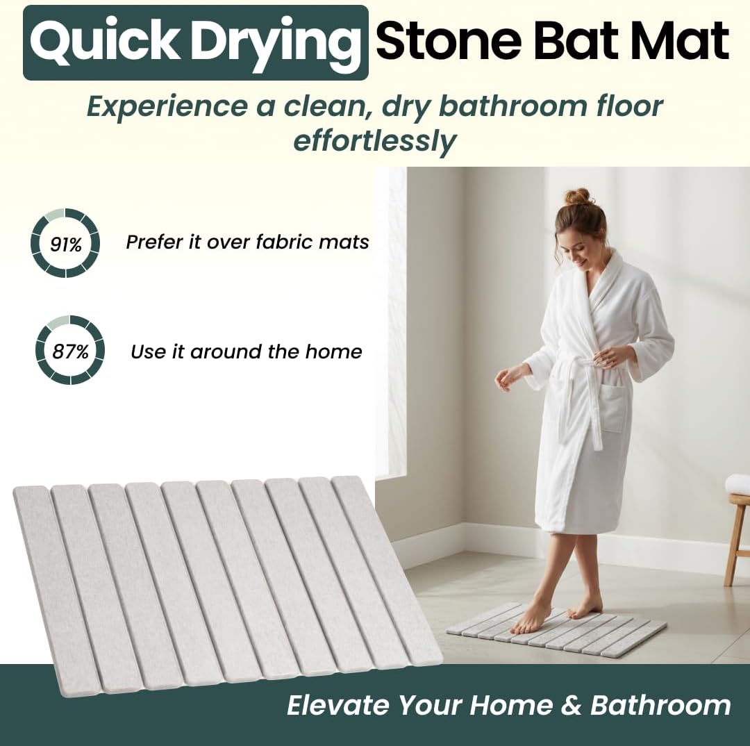 MophonicHome Foldable Stone Bath Mat - Diatomaceous Earth Shower Mat, Non-Slip Quick-Dry Stone Bath Mats for Bathroom Floor, Super Absorbent, Compact Design, Easy to Clean, Light Grey (23.5 x 15)