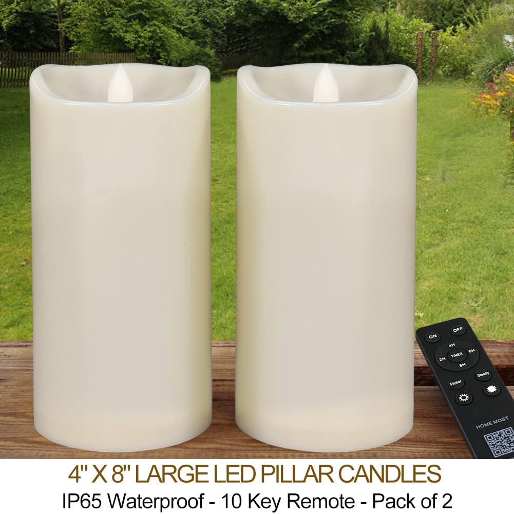 Pack of 2 Large Outdoor LED Pillar Candles 4x8 with Timer and Remote - IP65 Waterproof Battery Operated LED Pillar Candles Ivory Body - Oblique Edge Flickering Flameless Pillar Candles
