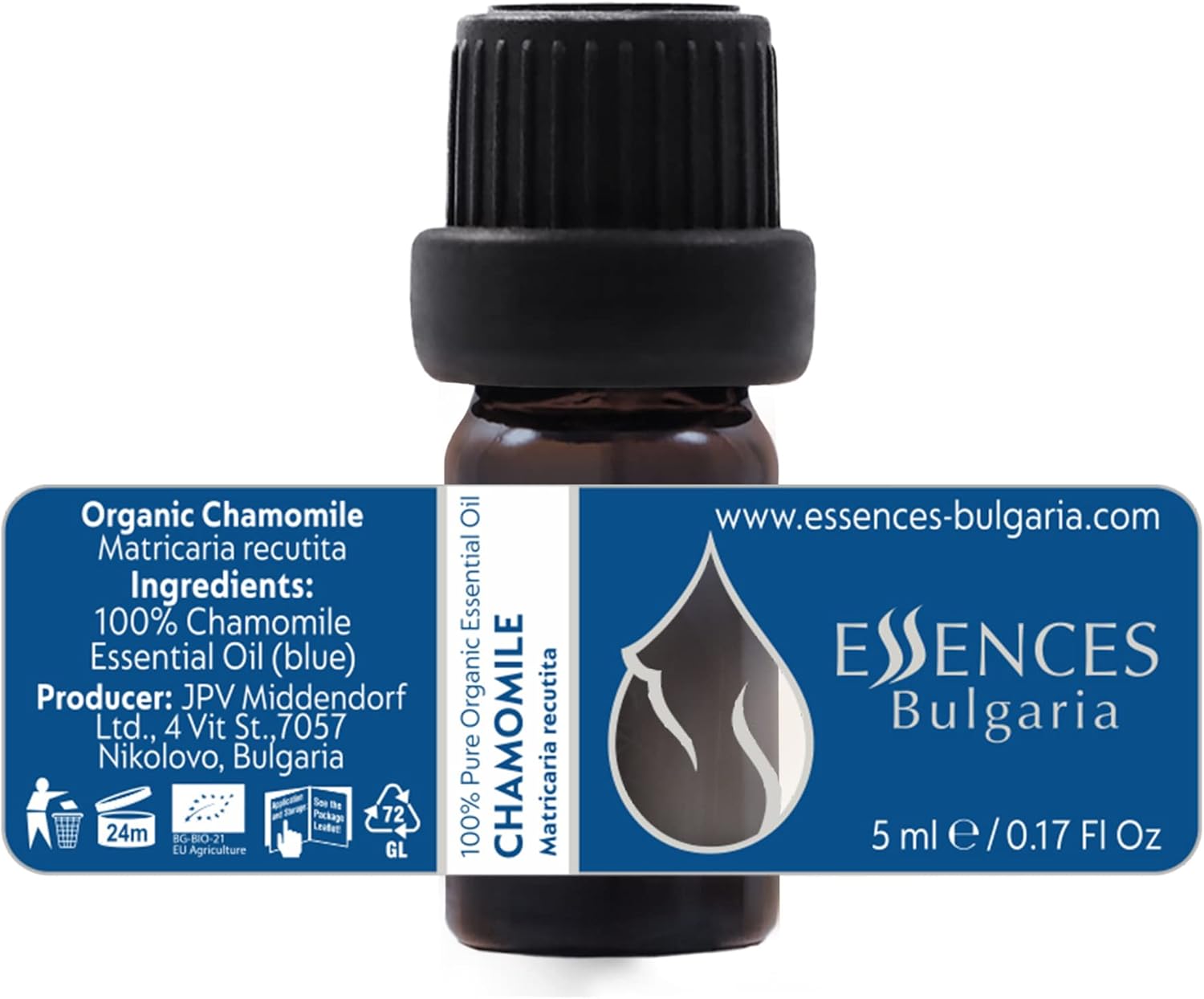 Essences Bulgaria Organic Chamomile Essential Oil - Blue 1/6 Fl Oz | 5ml | Matricaria recutita | 100% Pure and Natural | Undiluted | Therapeutic Grade | Family Owned Farm | Steam-Distilled | Non-GMO