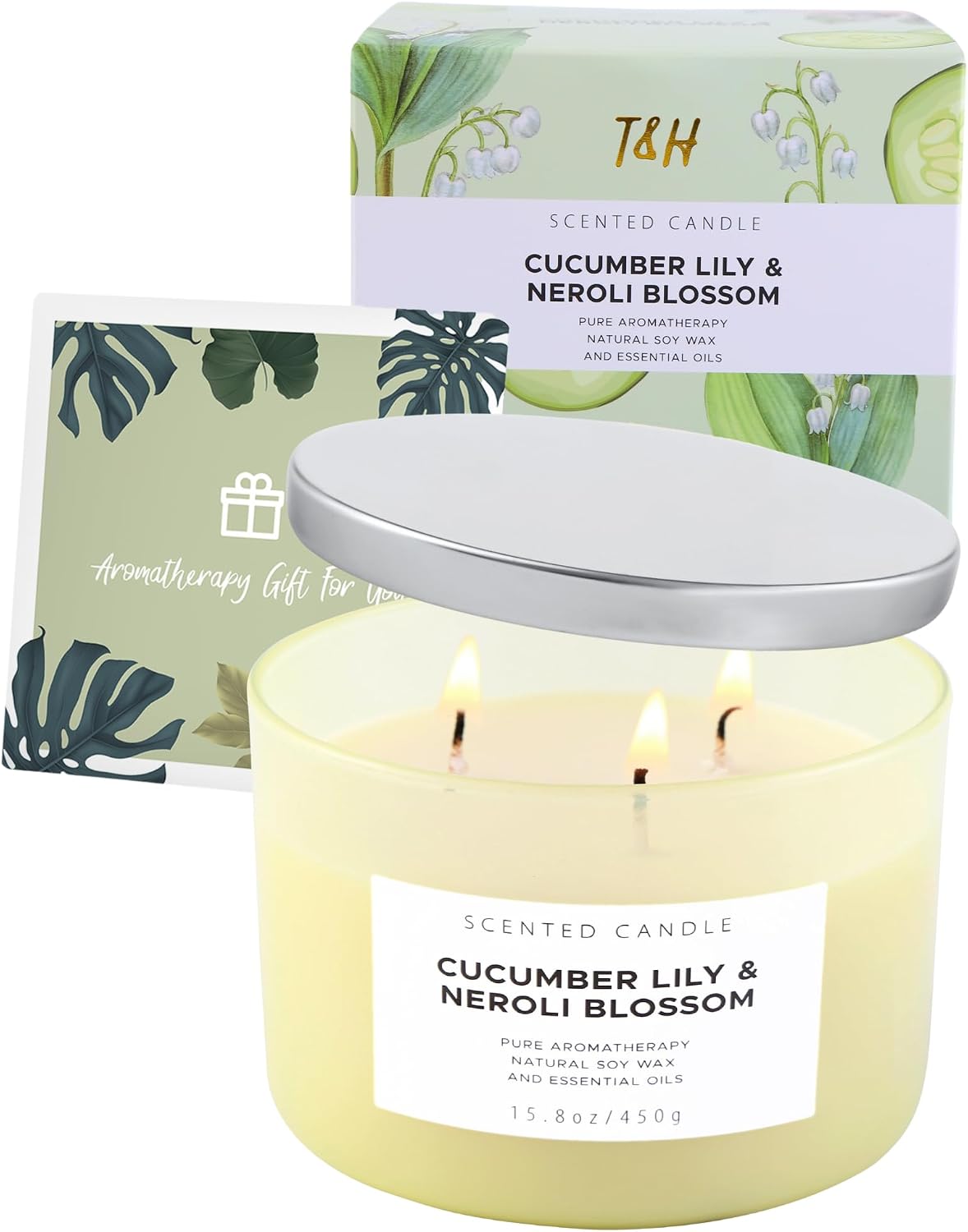 Cucumber Lily Neroli Blossom Candle | 3-Wick Large Soy Candle 15.8 oz | Fresh Cucumber Aromatherapy Candle for Women | Calming Floral Citrus Spa Scent | Long Lasting Clean Burn