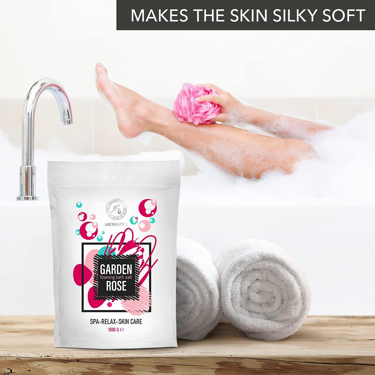 Foaming Bath Sea Salt Rose 35 Oz - 1000g - Bubble Bath Salts with Almond & Rosewood Essential Oil & Rosa Damascena Flower Extract for Bath Soak - Relaxing Bath - Aromatherapy Bath Salts