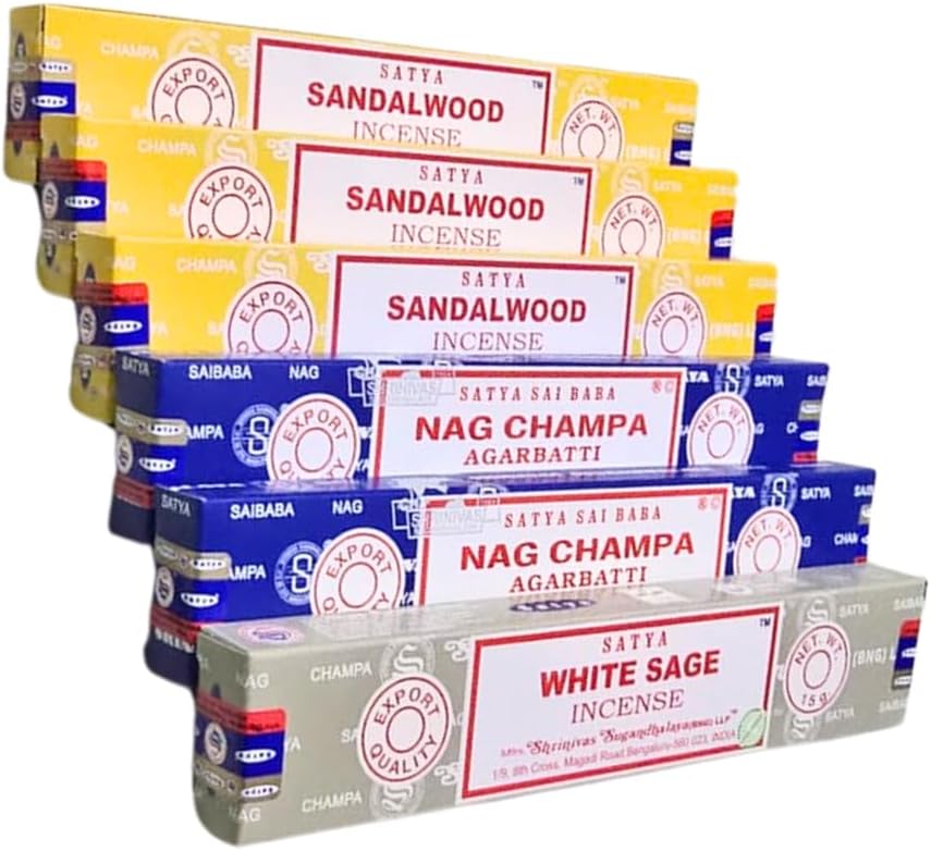 Satya Sandalwood, Nag Champa & White Sage with ANKCIENSE Incense Holder Pack of 3 fragrances Variety Pack of 90 Sticks Satya Nagchampa Natural Incense Insense Insence