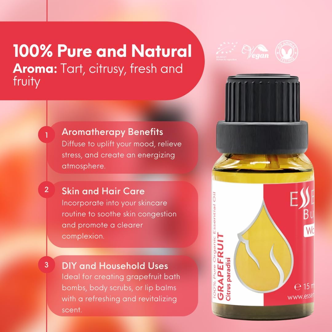 Essences Bulgaria Organic Grapefruit Essential Oil 0.51 Fl Oz 15ml Citrus paradisi 100% Pure Natural Undiluted Therapeutic Grade for Home Aromatherapy Home Diffuser Humidifier Hot Tub and Massage Oil