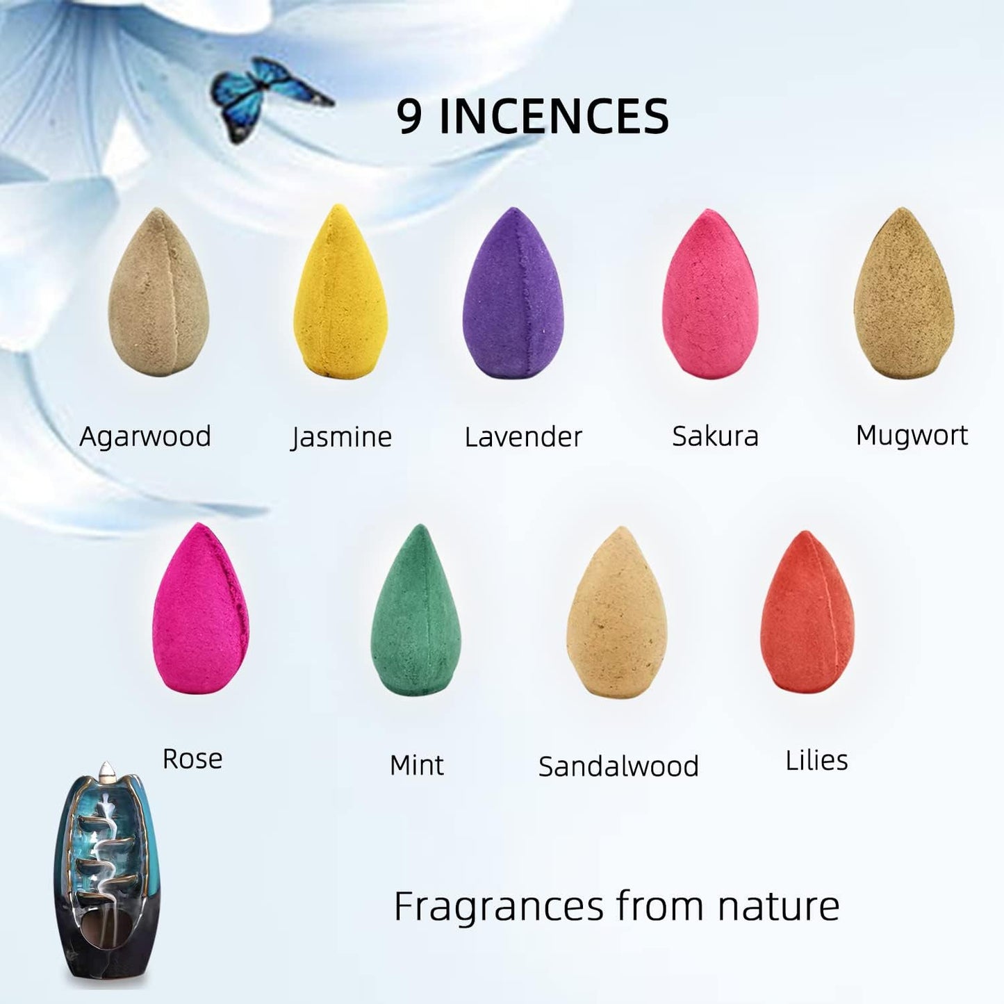 450 PCS Backflow Incense Cones 9 Kinds of Incense Cones for Waterfall