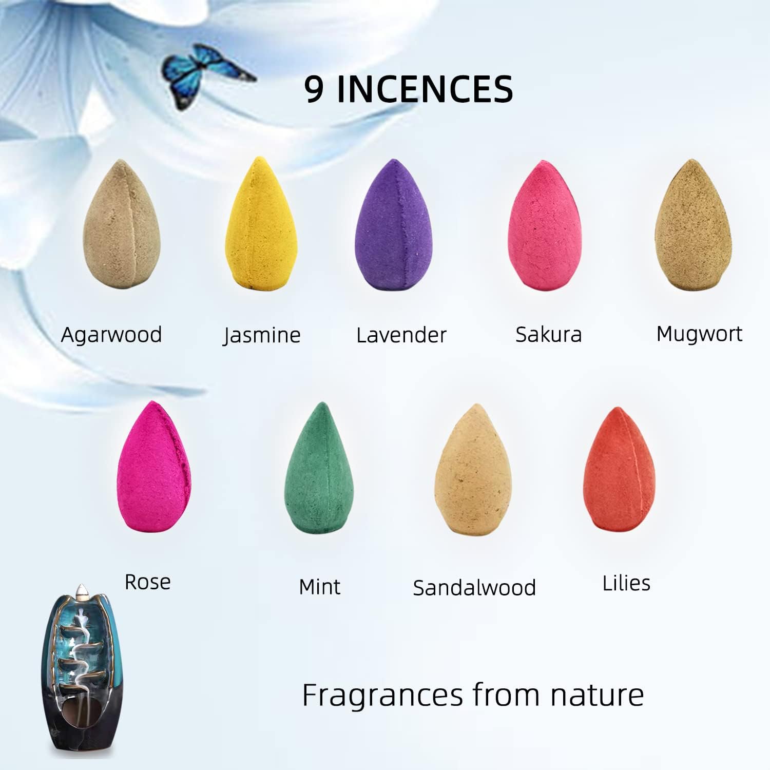 450 PCS Backflow Incense Cones 9 Kinds of Incense Cones for Waterfall