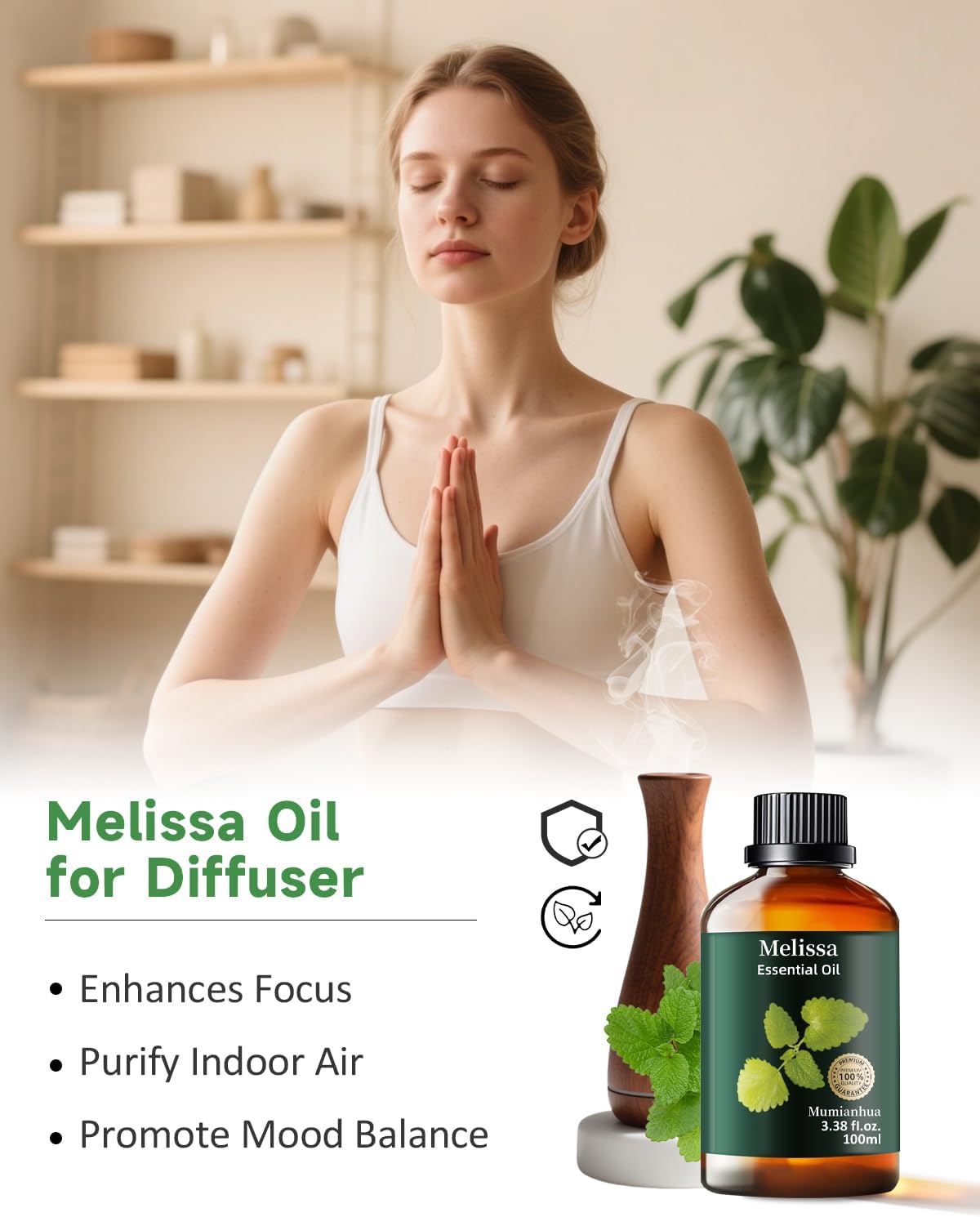 Melissa Essential Oil, Pure Melissa Oil Mumianhua Lemon Balm Oil, Uplifting Citrus-Herb Scent for Diffuser, Skin, Hair & Personal Care, 3.38 Fl Oz