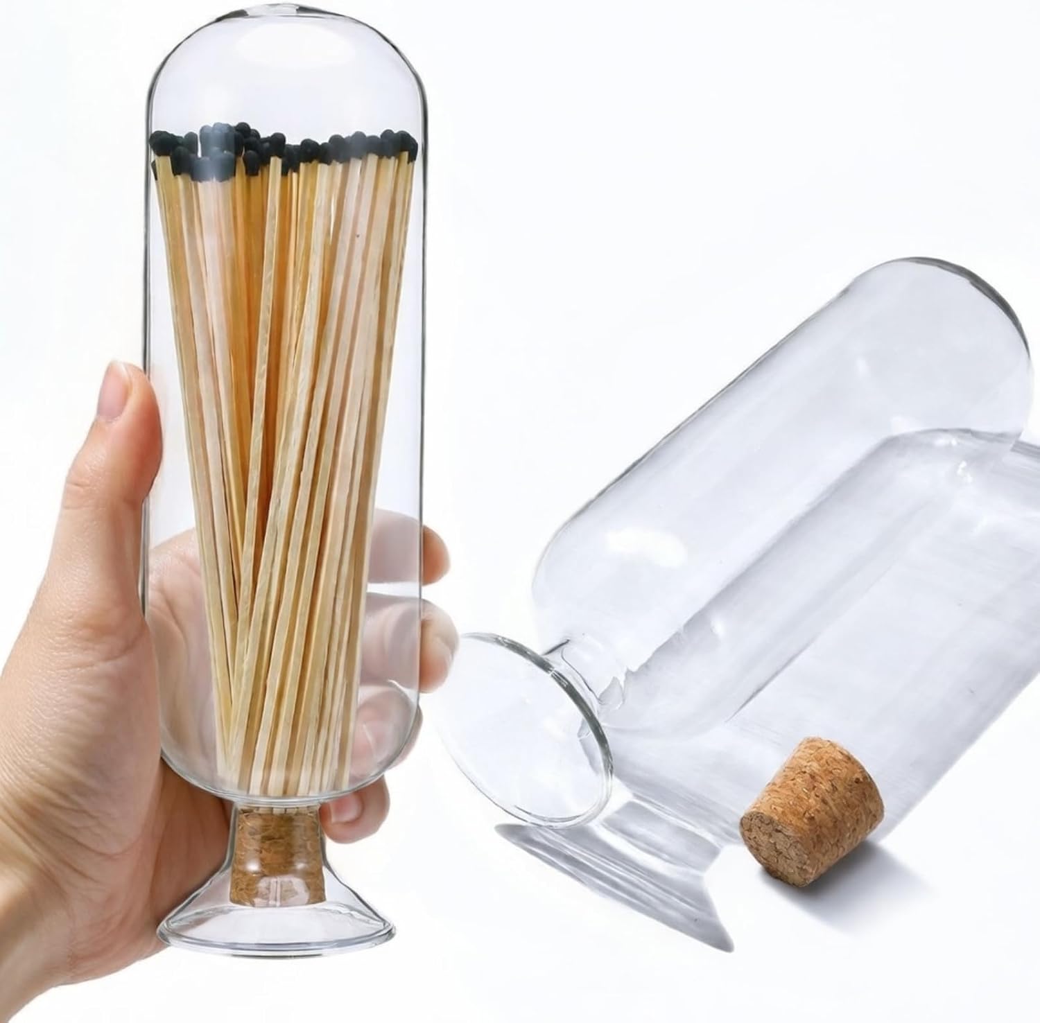 Extra Tall 11 Decorative Glass Matches Cloche Decorative Match Holder Jar for Candle Matches Trendy Fireplace Display Decor, Sticks Not Included