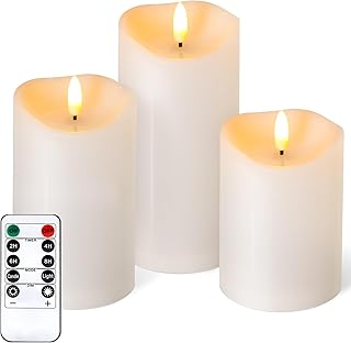 NURADA Outdoor Flameless Candles with Remote Timer - Waterproof Realistic Flickering LED Pillar Electric Battery Operated Fake Candle for Holiday Home Wedding Fireplace Decor - 3 Pack Ivory White