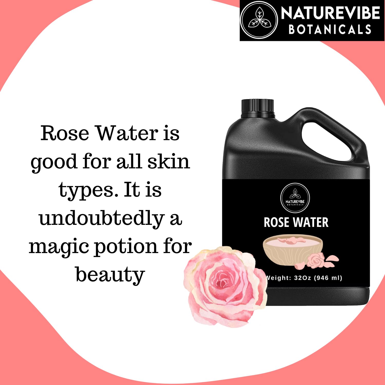 Naturevibe Botanicals Premium Rose Water 32oz and Fractionated Coconut Oil 32oz | Oil Combo.