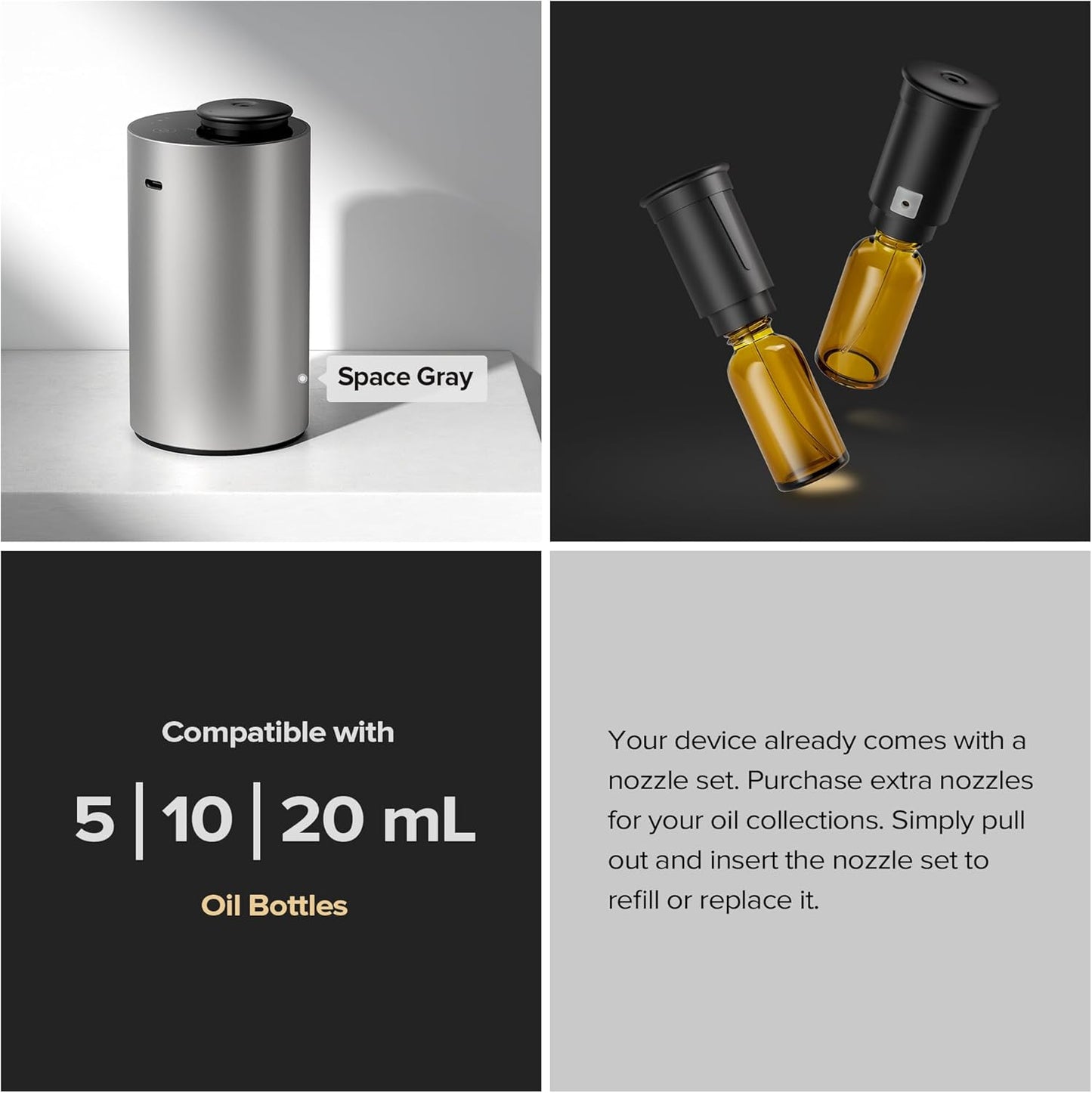 Airversa Waterless Essential Oil Diffuser for Home Aromatherapy Scent Diffusers with 3 Countdown Timer Settings or Timer-Off, 3 Mist Levels for Car Room Studio Office, ANX Premium Metal Black
