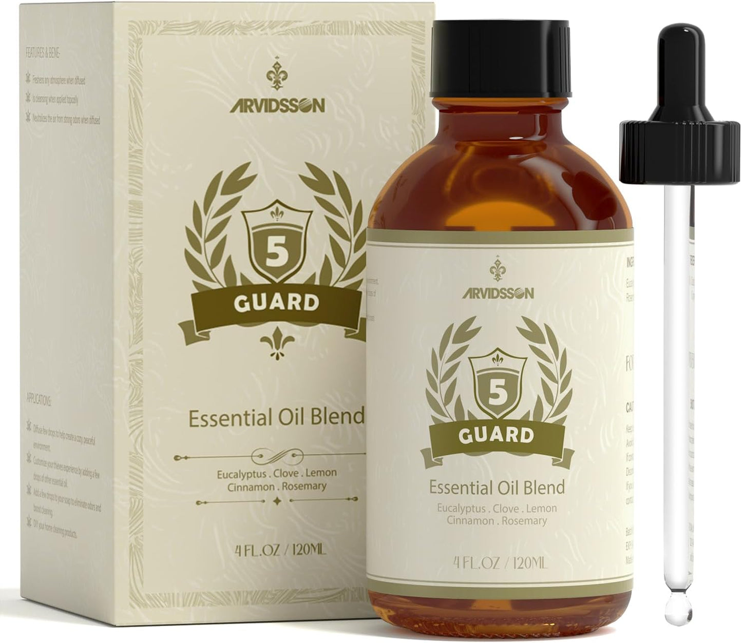 ARVIDSSON Five Guard Essential Oil Blend 4 Fl. Oz (120ml), Guards Essential Oil Blends of Clove, Eucalyptus, Lemon, Cinnamon, Rosemary Oils, A Refreshing Experience for Home