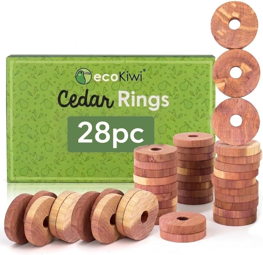 ecoKiwi Cedar Blocks for Clothes Storage - 28 Pack Cedar Rings - 100% Natural Aromatic Cedar for Closets & Drawers - Red Cedarwood Oil Scented Chips with Sandpaper - Cedar Planks Freshener Deodorizer