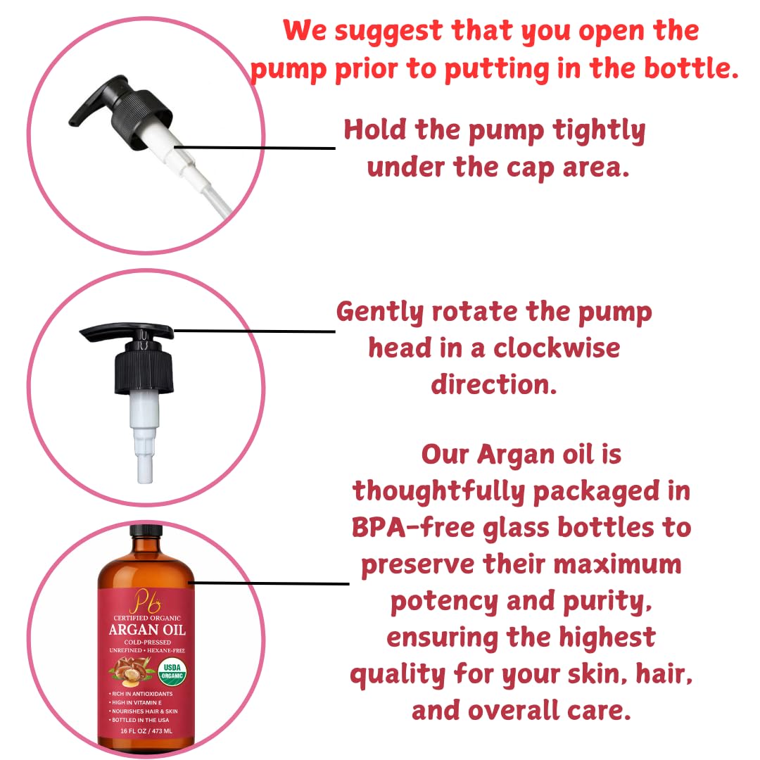 Argan Oil, 16 fl oz Glass Bottle with Pump, Organic Moroccan Argan Oil for Hair, Skin, Face & Nails, USDA Certified Organic, Cold-Pressed Unrefined Hexane-Free Carrier Oil for Essential Oils