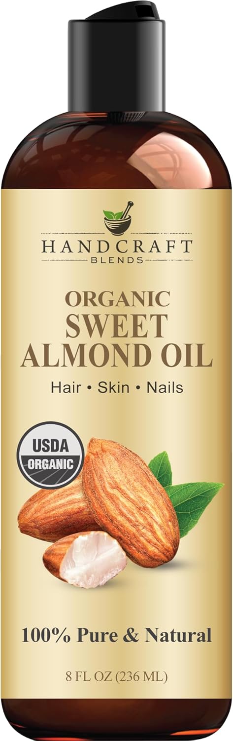 Handcraft Blends Organic Sweet Almond Oil | 100% Pure and Natural | Bath & Body Oil | Premium Grade Carrier Oil | Skin | Hair | Body | Massage | Hexane-Free | 8 Fl Oz
