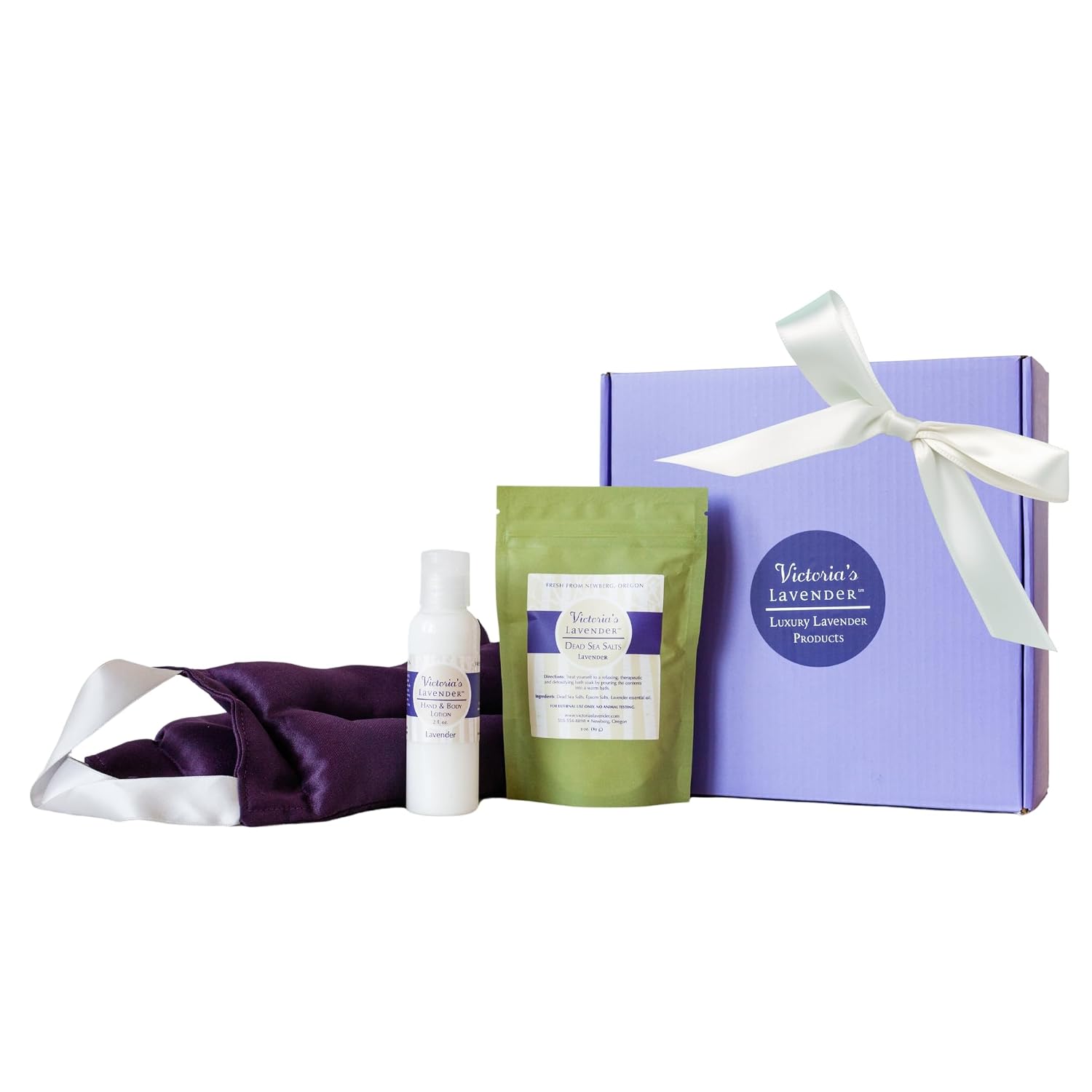 Victoria's Lavender Luxury Lavender Neck Wrap, Dead Sea Bath Salts, and Hand & Body Lotion , Microwavable Neck Heating Pad Filled with Lavender Buds & Flax Seed, Relaxing Spa Gift Basket, Set of 3