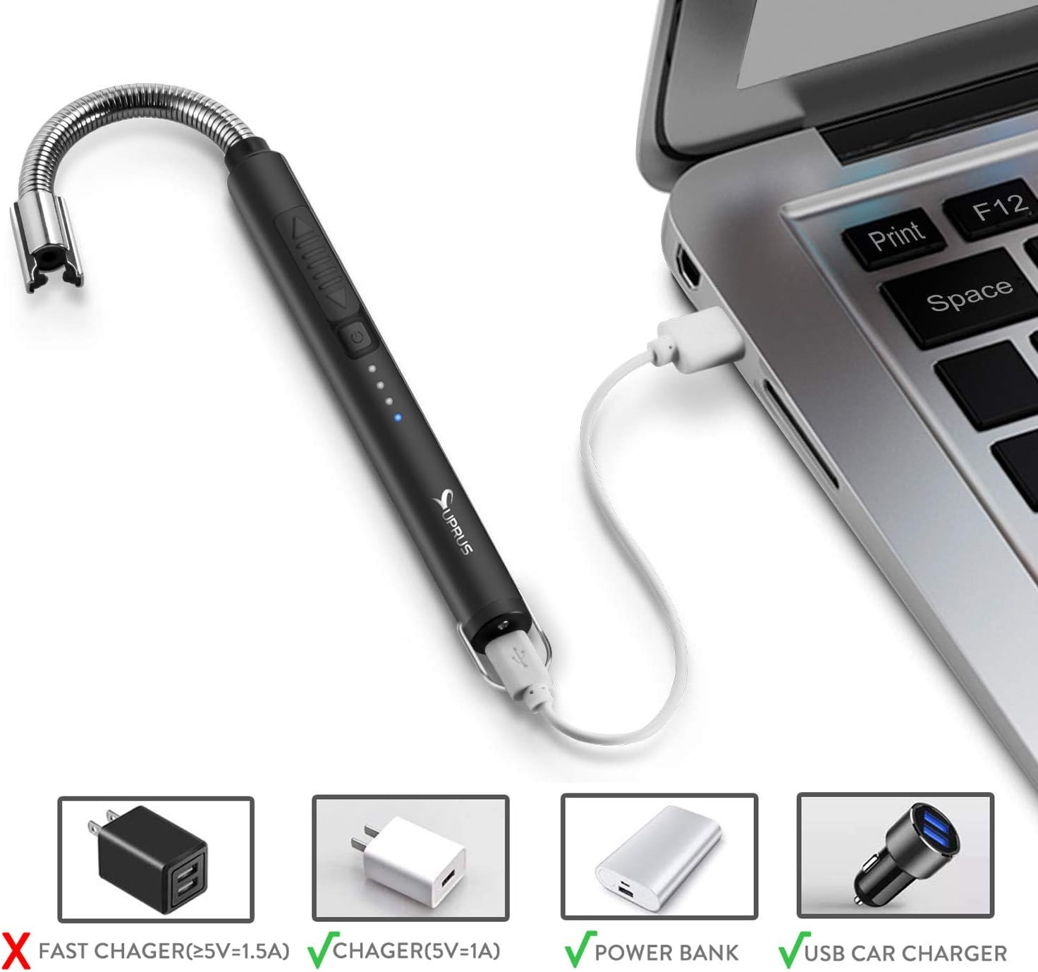 SUPRUS Electric Candle Lighter USB Type C Rechargeable Lighter Steel Shell & Hanging Hook with 360° Flexible Neck (Black)
