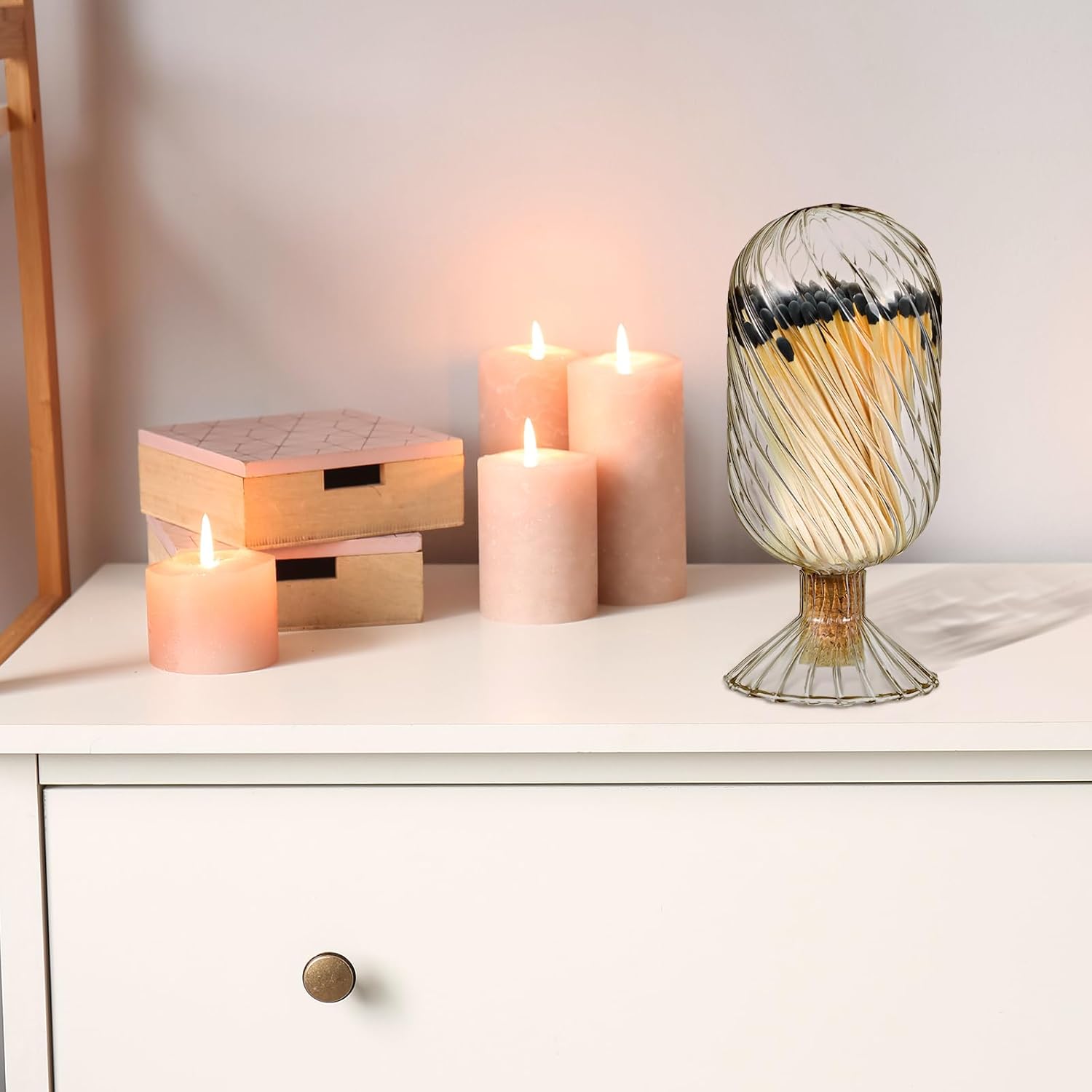 Cinnvoice Helix Shaped Glass Matches Cloche Decorative for 4 Inch Candle Matches Trendy Fireplace Display Decor, Not Include Matches(Smoke Grey,2.95 x 6.1 Inch)