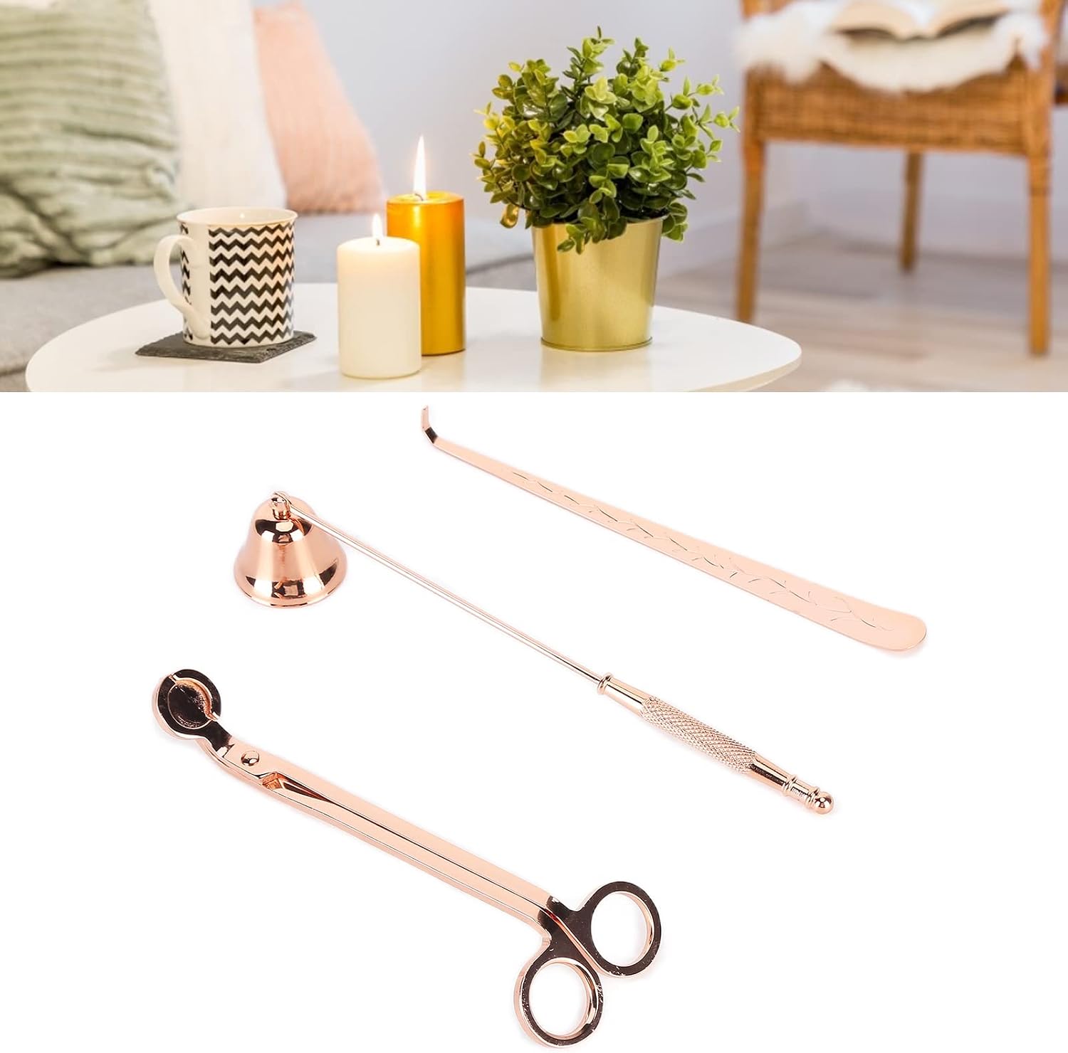 Wick Dipper Candle 3PCS Candle Accessory Set Candle Wick Trimmer Cutter Snuffer Extinguisher Wick Dipper Supplies (Rose Gold)